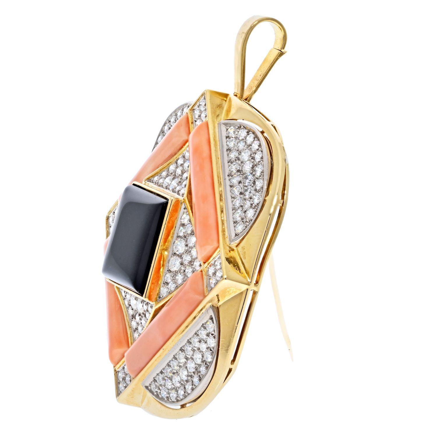 Round Cut Vacheron Constantin 18K Yellow Gold 1970's Coral, Diamond And Onyx Pendant Brooch For Sale