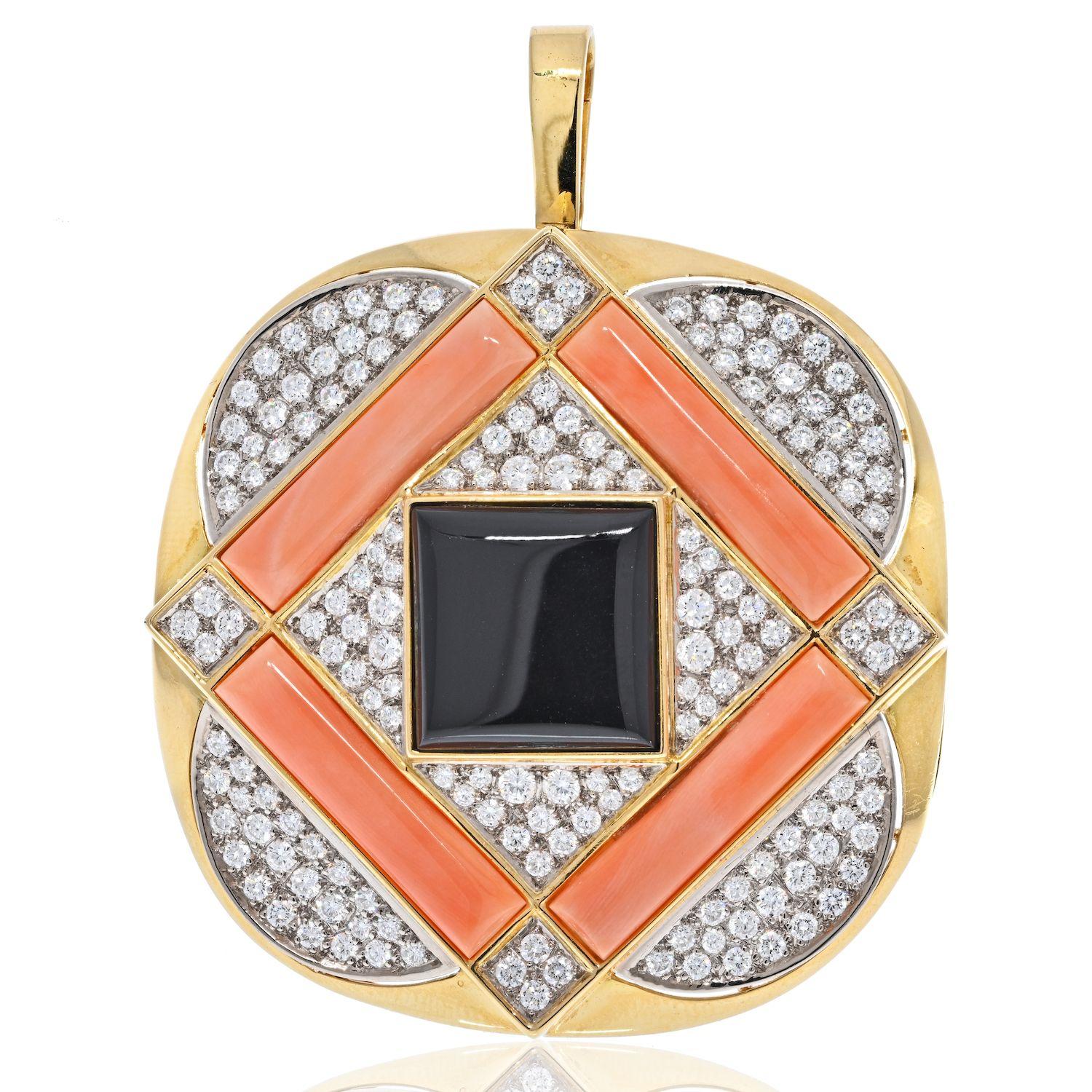 Vacheron Constantin 18K Yellow Gold 1970's Coral, Diamond And Onyx Pendant Brooch In Excellent Condition For Sale In New York, NY