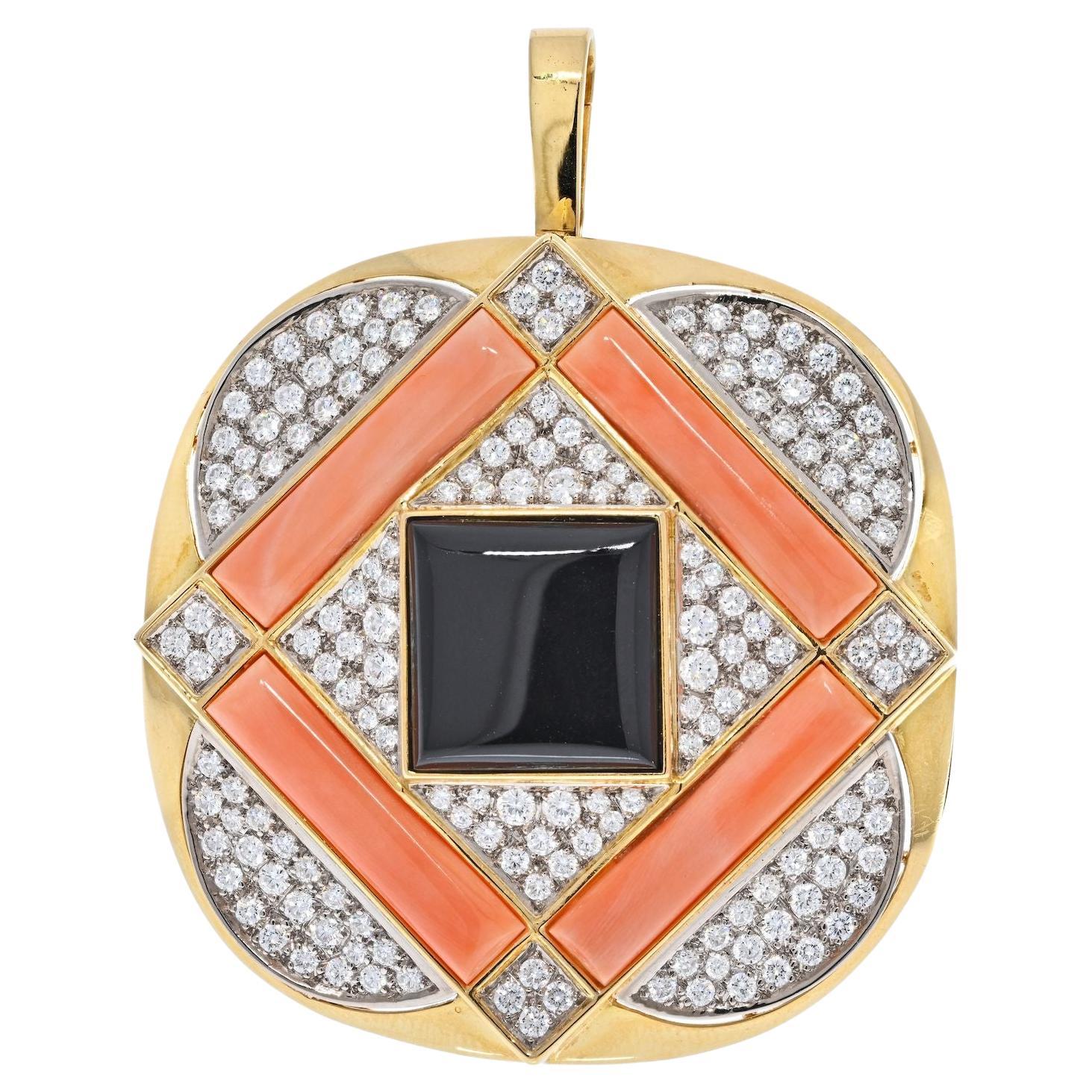 Vacheron Constantin 18K Yellow Gold 1970's Coral, Diamond And Onyx Pendant Brooch For Sale