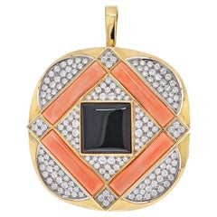 Vintage Vacheron Constantin 18K Yellow Gold 1970's Coral, Diamond And Onyx Pendant Brooch