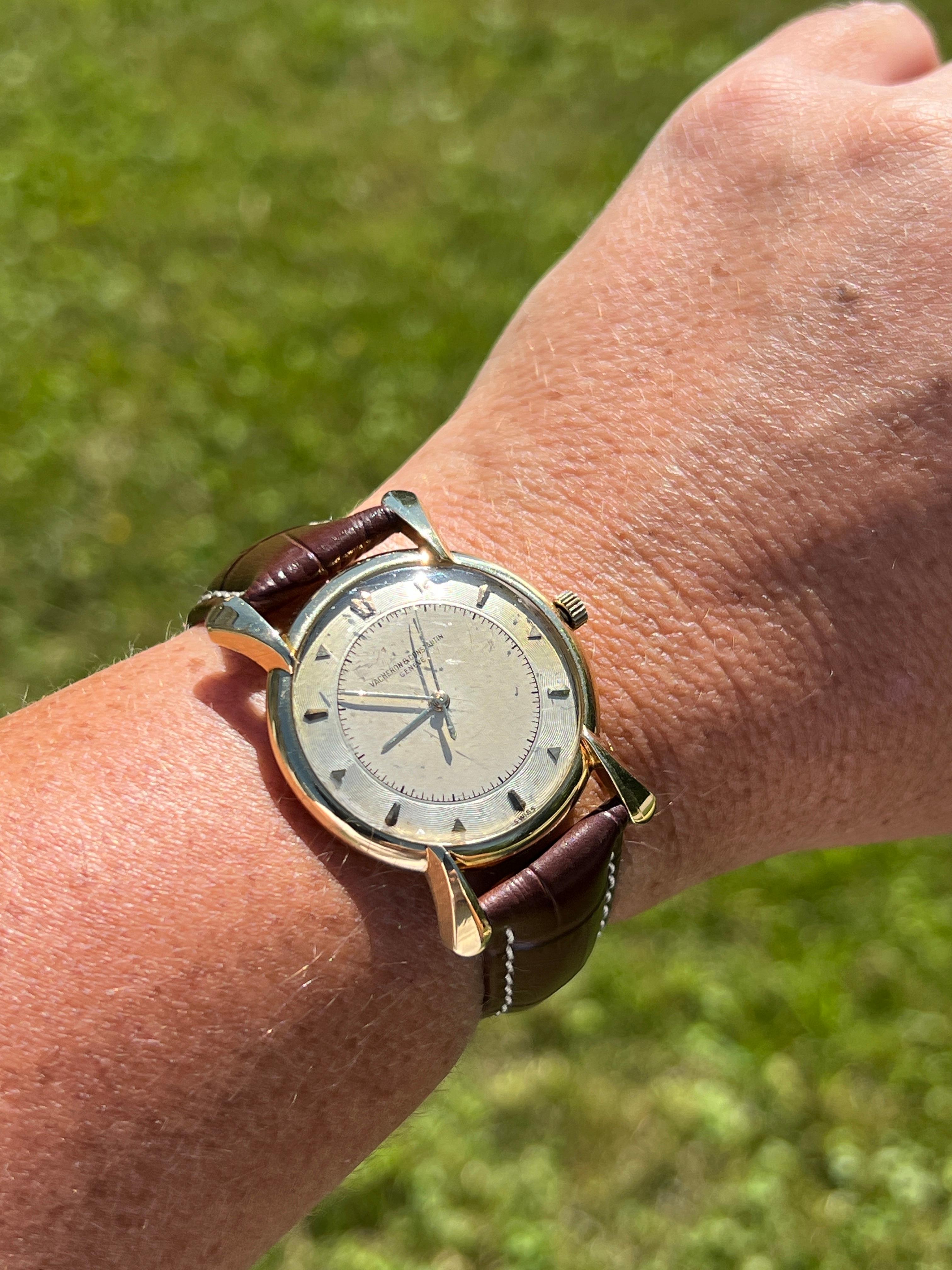 Step back in time with this exquisite 1952 34mm Vacheron Constantin #1002 wristwatch, a true masterpiece of horology. Crafted from luxurious 18 karat yellow gold, this watch embodies the timeless elegance and superior craftsmanship that Vacheron