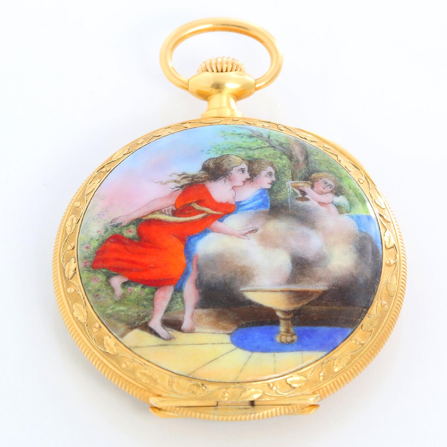 Vacheron Constantin 18K Yellow Gold Enamel Pocket Watch - Manual winding. 18K yellow gold ( 48 mm ). Gold matte/ textured with single sunken subdial with Arabic numerals; Back cover has a wonderful enameled portrait of a cherub with two young women,