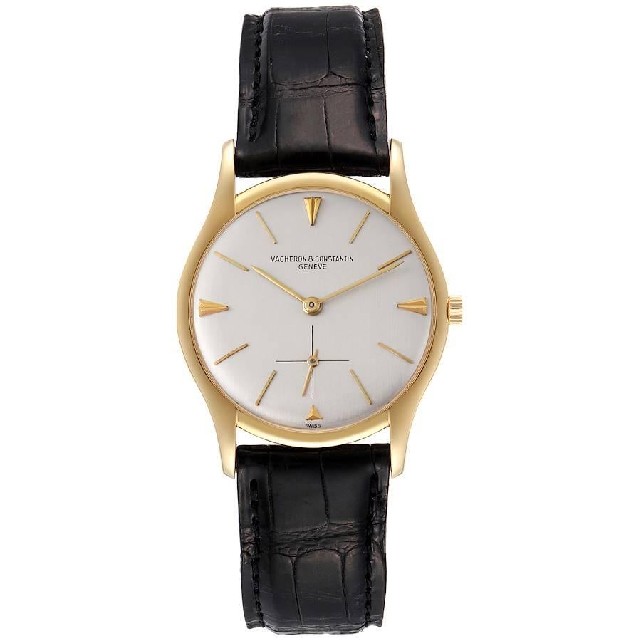 Vacheron Constantin 18k Gelbgold Silber Zifferblatt Vintage Herrenuhr 6185. Uhrwerk mit Handaufzug. gehäuse aus 18 Karat Gelbgold mit einem Durchmesser von 32,5 mm. glatte Lünette aus 18 Karat Gelbgold. Acrylglas, dem Untergang geweiht. Silbernes