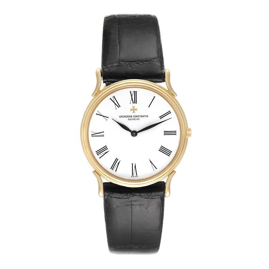 Vacheron Constantin 18K Gelbgold Ultra Thin White Dial Herrenuhr 33216. Uhrwerk mit Handaufzug. Geradlinige Ankerhemmung:: monometallische Unruh:: justiert auf Wärme:: Kälte:: Isochronismus und 5 Positionen:: Stoßsicherung:: selbstkompensierende