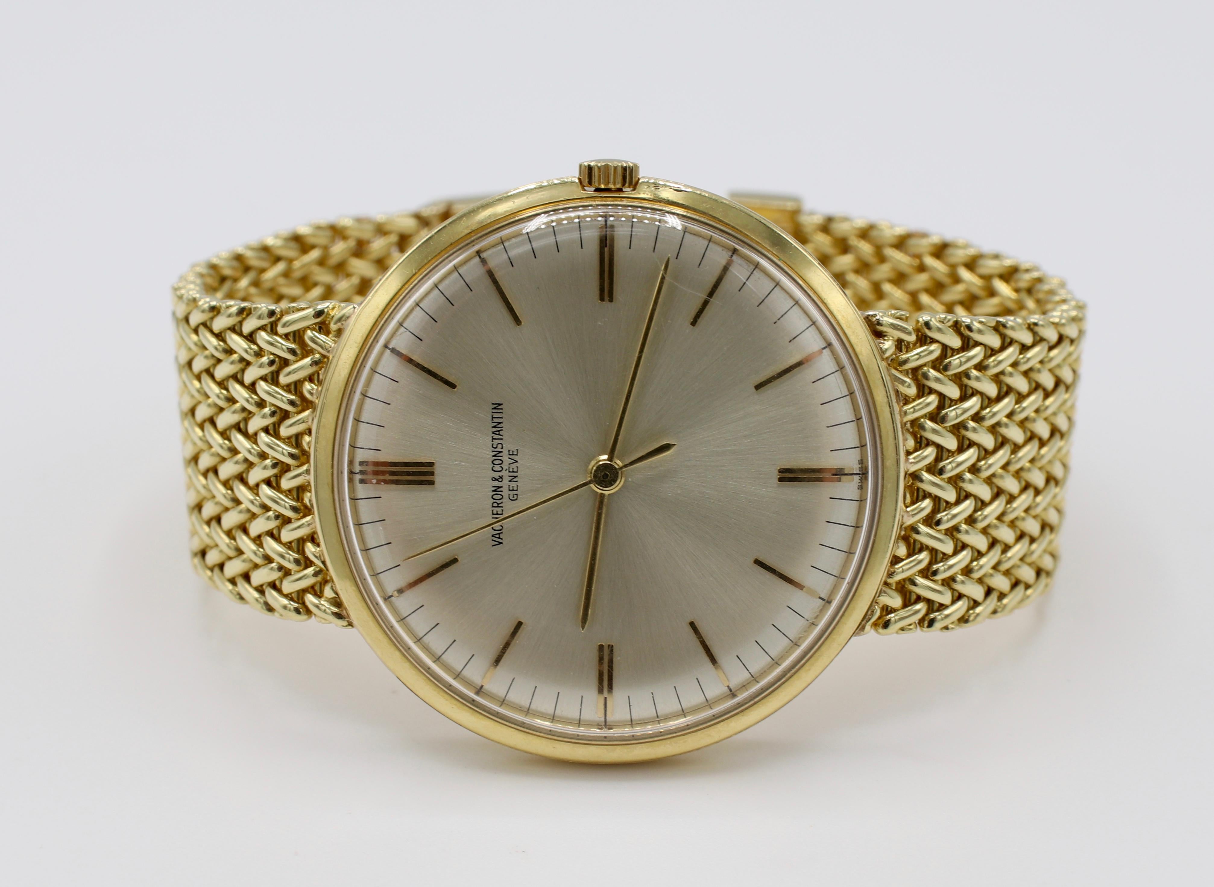 Vacheron Constantin 18K Yellow Gold Watch 

Metal: 18k yellow gold
Weight: 65.72 grams
Model: 6903
Serial: 405***
Length: 6.5 inches
Crystal: Acrylic
Dial: Silver
Movement: Manual wind
34mm

