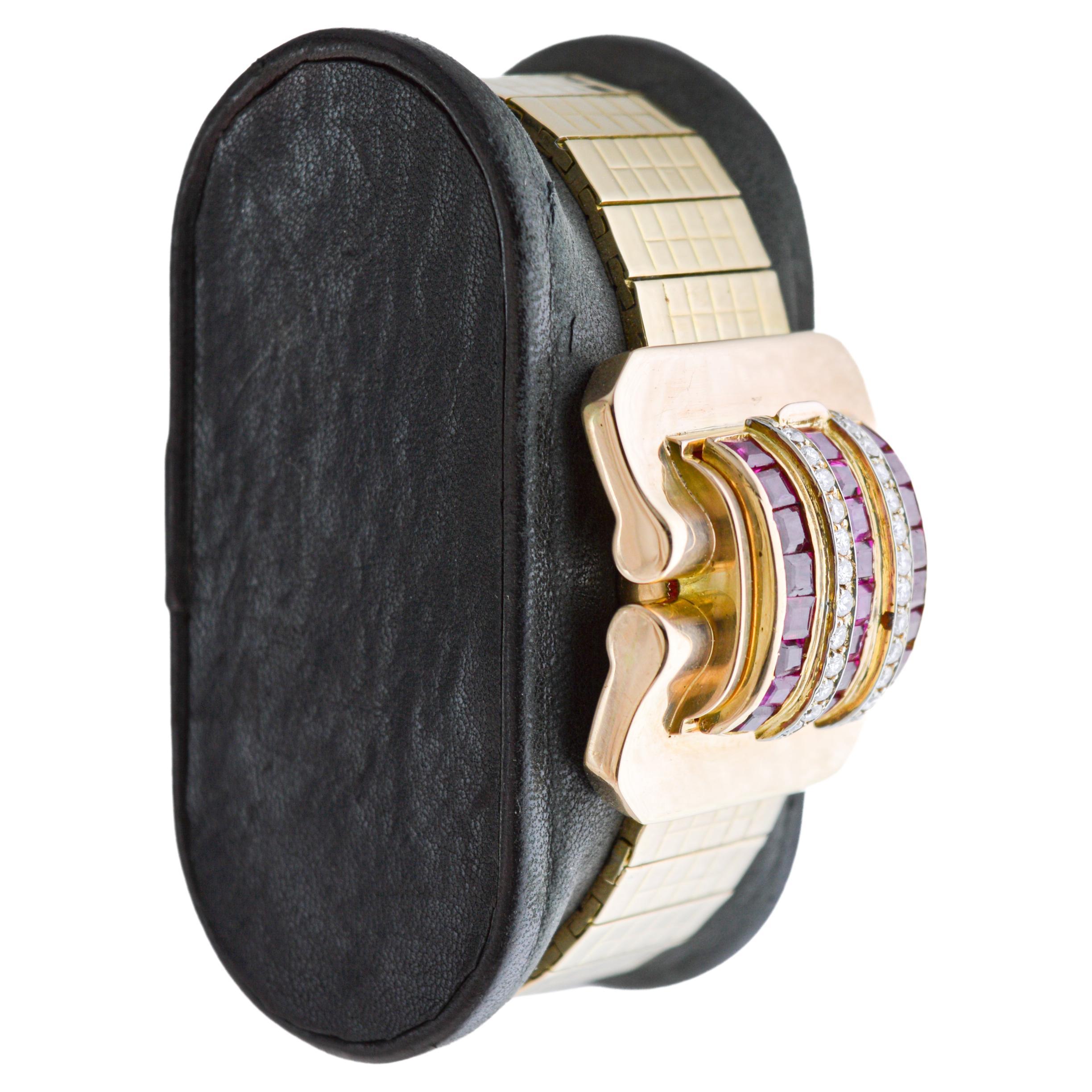 FACTORY / HOUSE: Vacheron Constantin
STYLE / REFERENCE: Art Deco / Cocktail Watch
METAL / MATERIAL: 18Kt Solid Gold / Ruby and Diamond 
CIRCA / YEAR: 1940's
DIMENSIONS / SIZE: Length 29mm X Width 31mm
MOVEMENT / CALIBER: Manual Winding / 17 Jewels /