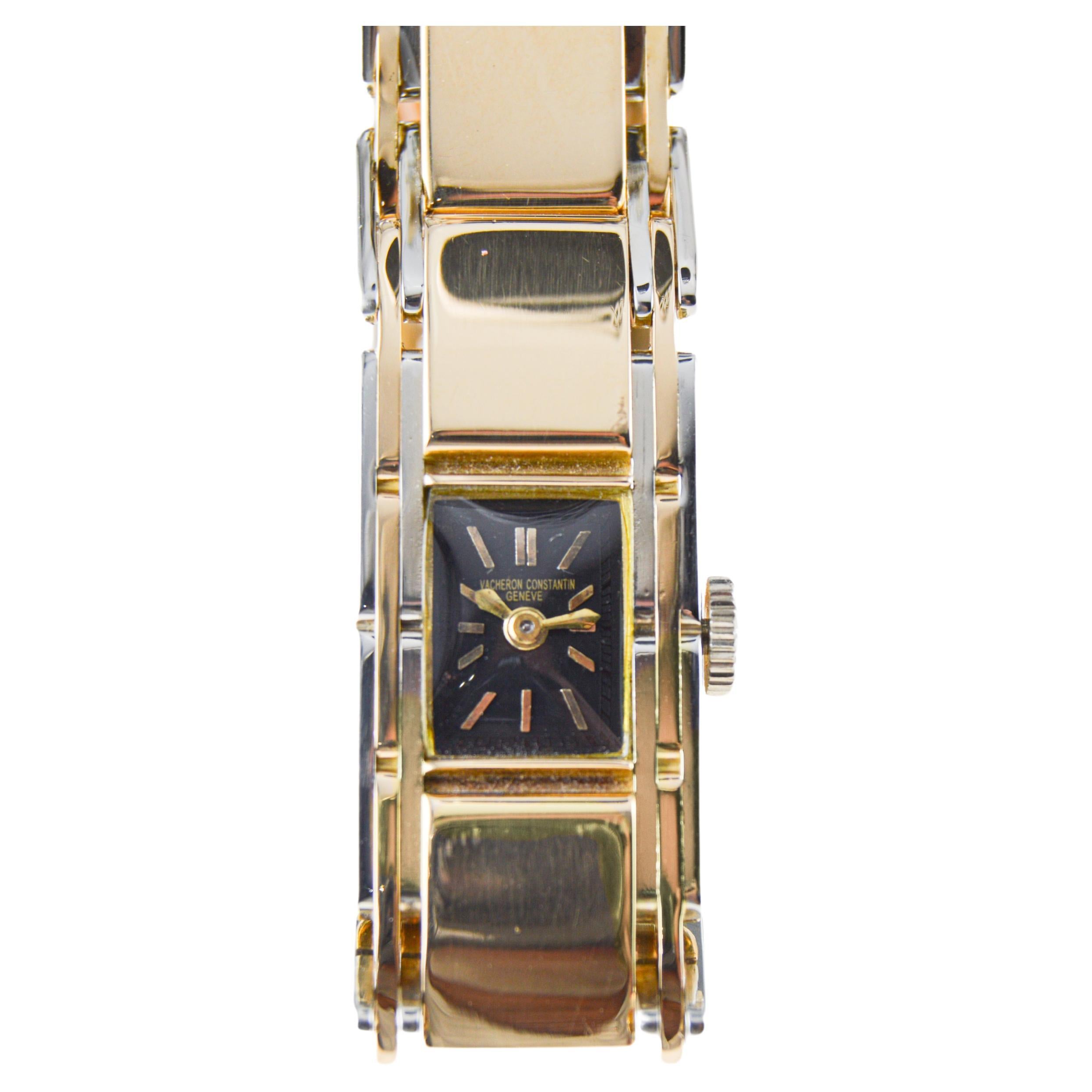 FACTORY / HOUSE: Vacheron Constantin
STYLE / REFERENCE: Art Deco / Double Deployant Dress Watch
METAL / MATERIAL: 18Kt Two Tone Gold / Yellow & White
CIRCA / YEAR: 1920's
DIMENSIONS / SIZE: Length 28mm X Width 16mm
MOVEMENT / CALIBER: Manual Winding