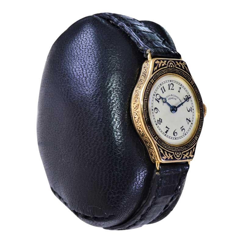 FACTORY / HOUSE: Vacheron & Constantin
STYLE / REFERENCE: Art Deco / Strap Watch
METAL / MATERIAL: 18kt Yellow Gold and Enamel 
CIRCA / YEAR: 1920's
DIMENSIONS / SIZE: Length 29mm x Diameter 22mm
MOVEMENT / CALIBER: Manual Winding / 15 Jewels / High