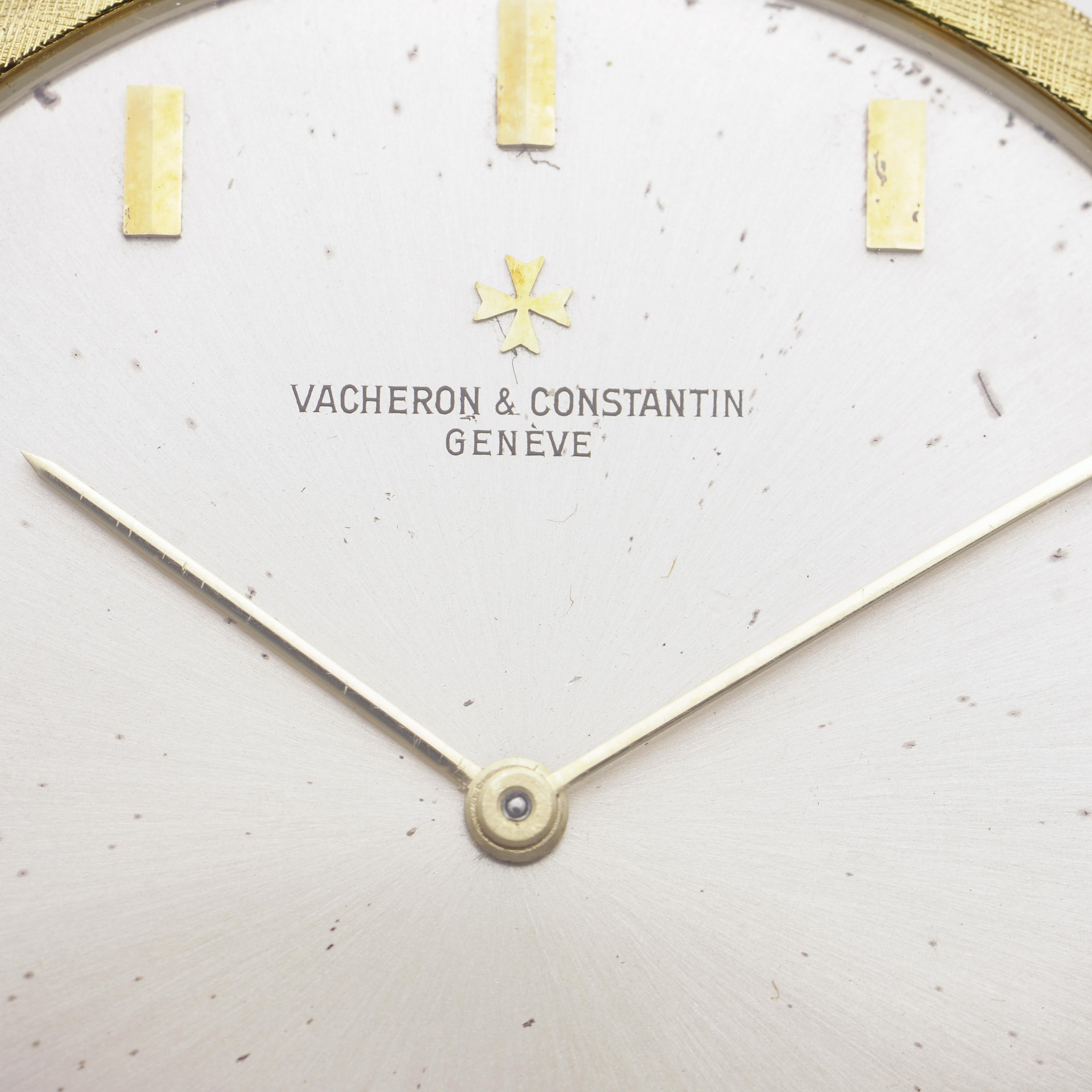 Vacheron Constantin 18kt. yellow gold open-face dress pocket watch with brushed gold finish.
The watch is extra thin.

Made in Switzerland, Circa 1960's
Signed: Case, dial & movement, hallmarked with 18kt. gold.
Movement: 18-jewel Swiss lever,