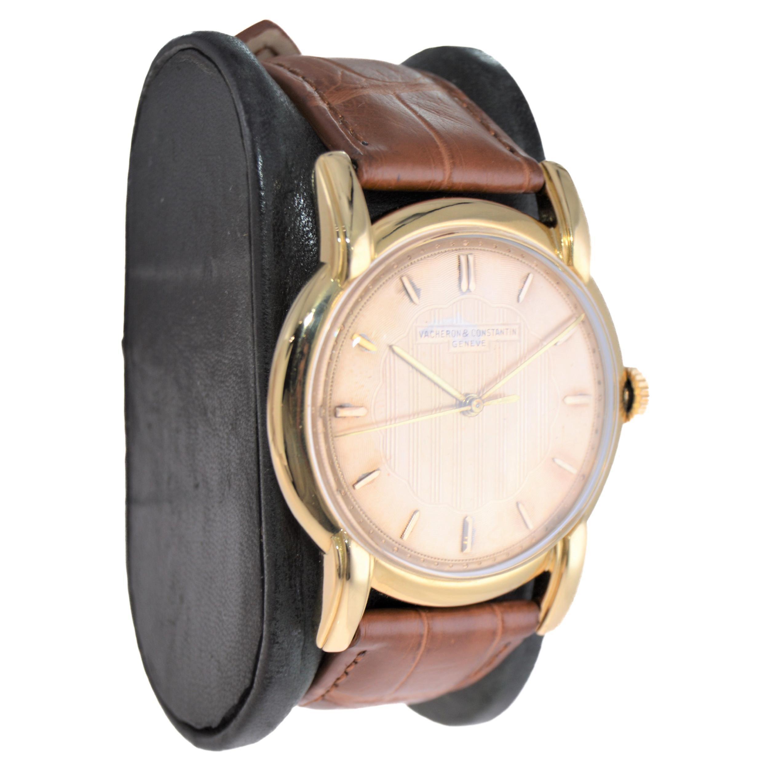 FACTORY / HOUSE: Vacheron Constantin
STYLE / REFERENCE: Art Deco / Dress Style 
METAL / MATERIAL: 18Kt. Yellow Gold
CIRCA / YEAR: 1940's
DIMENSIONS / SIZE: 46mm Length X 38mm Diameter
MOVEMENT / CALIBER: Manual Winding / 17 Jewels / Caliber