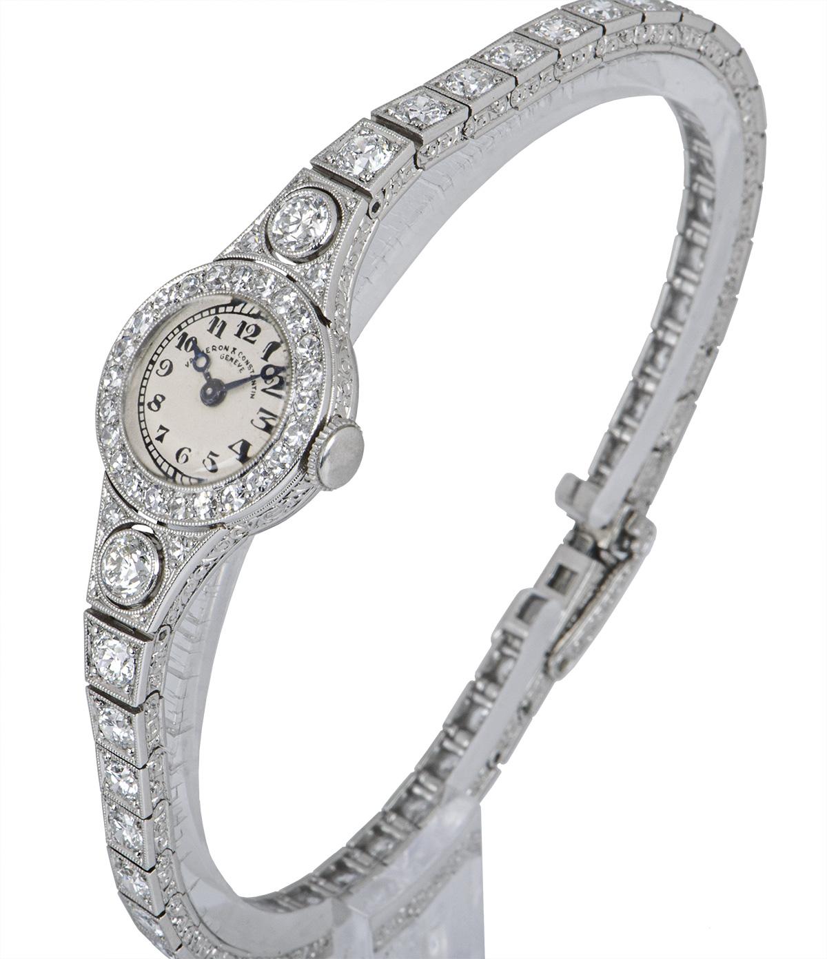 Round Cut Vacheron Constantin 1920s Vintage Platinum Silver Dial Diamond Set Dress Watch