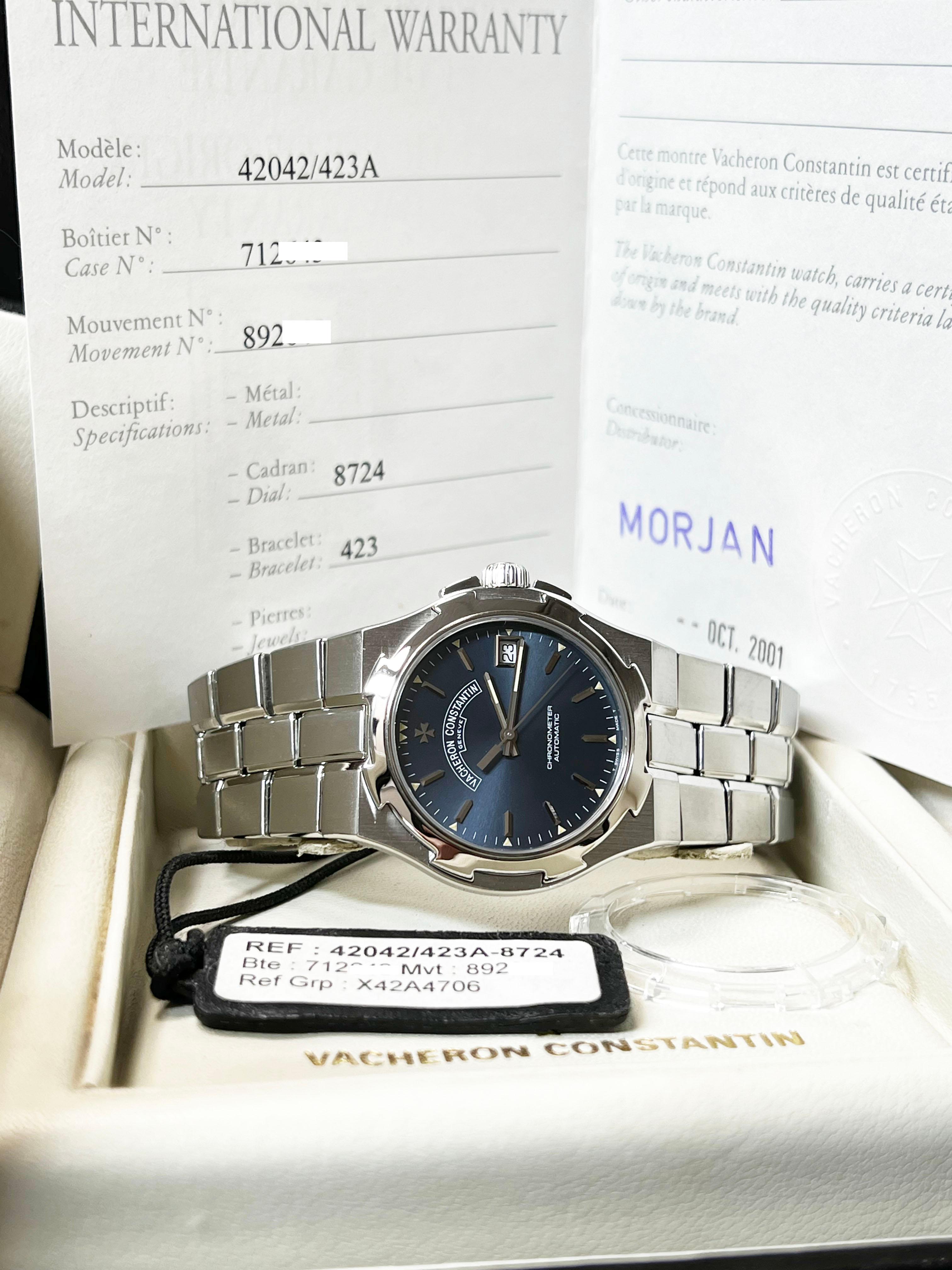 Vacheron Constantin 42042 / 423A Übersee-Schachtelpapier aus Edelstahl mit blauem Zifferblatt 8