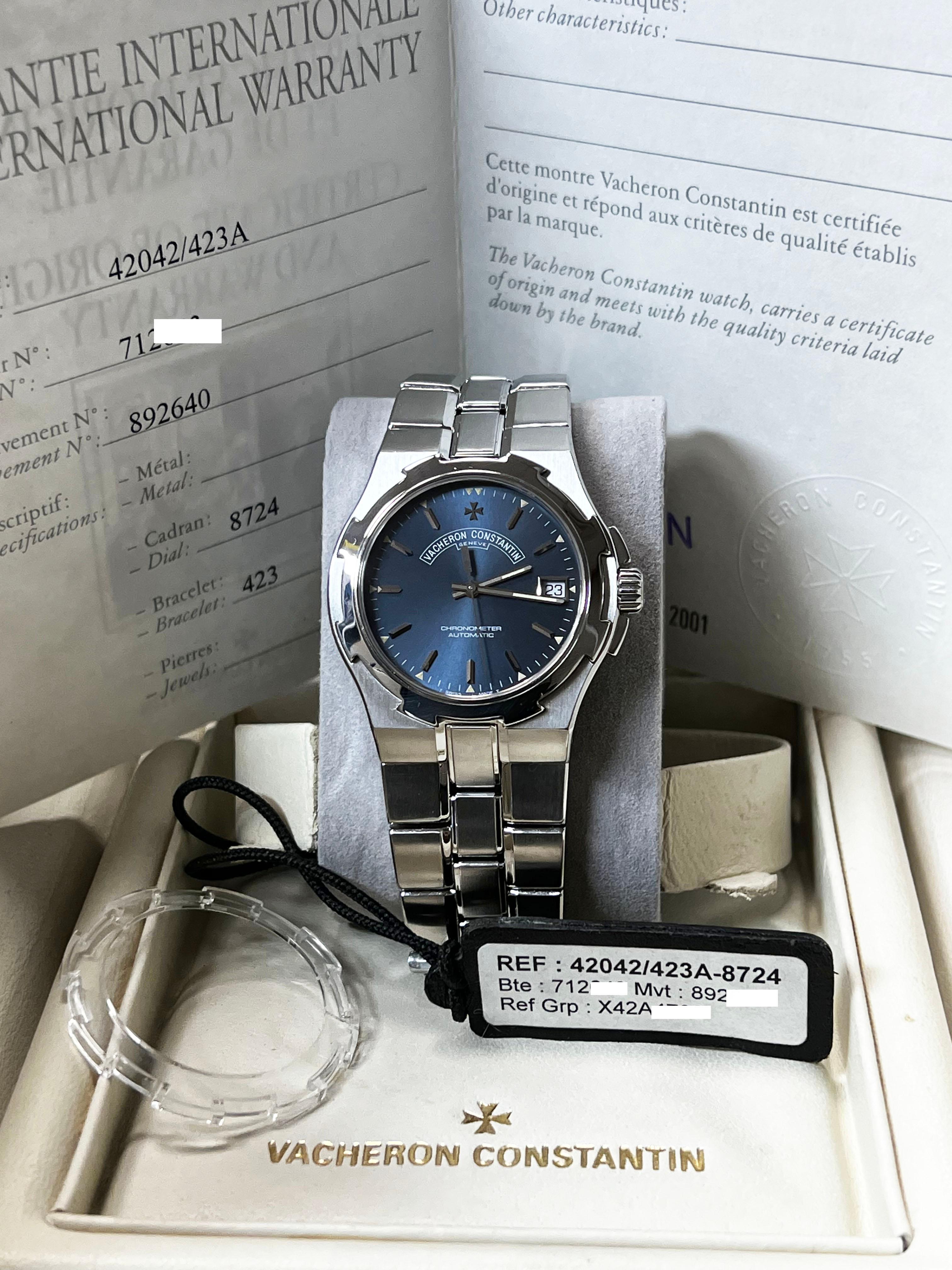 Vacheron Constantin 42042 / 423A Übersee-Schachtelpapier aus Edelstahl mit blauem Zifferblatt 9