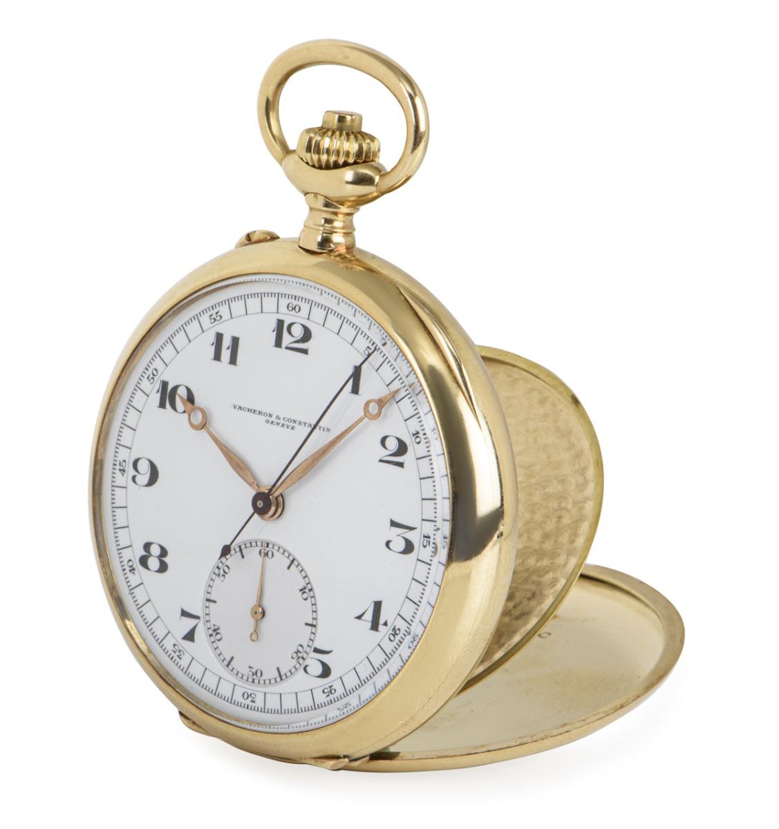 Vacheron & Constantin 18Kt Yellow Gold Open Face Chronograph Pocket watch with it's original box C1924.

The yellow gold case with monogram to the rear cover, Swiss hallmarked and signed V&C case with the inner cover signed and dated 1st April