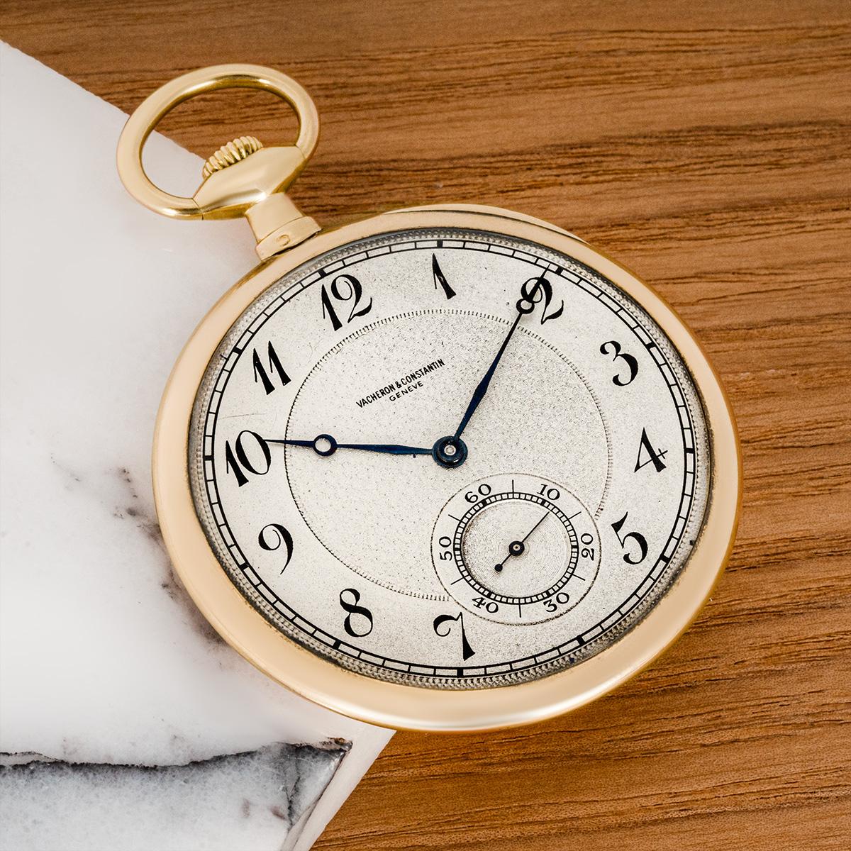 Vacheron & Constantin. An 18ct Yellow Gold Slim Keyless lever Open Face Pocket Watch C1920

Dial: The beautiful Silver dial signed Vacheron & Constantin Geneve with engine turned centre with Breguet style numerals outer minute track and subsidiary