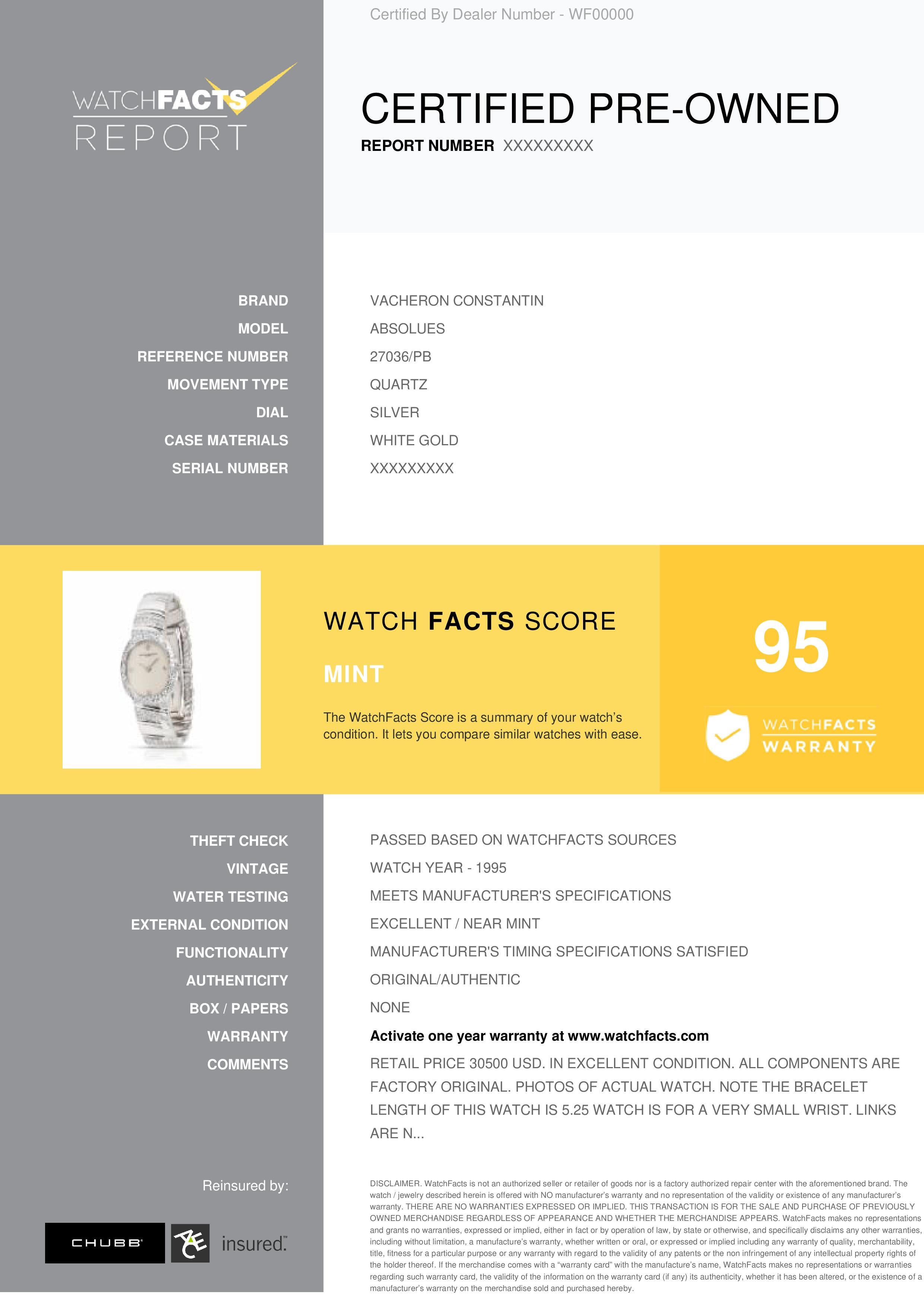 Vacheron Constantin Absolues Reference #: 27036/PB. Womens Quartz Watch White Gold Silver 19 MM. Verified and Certified by WatchFacts. 1 year warranty offered by WatchFacts.
