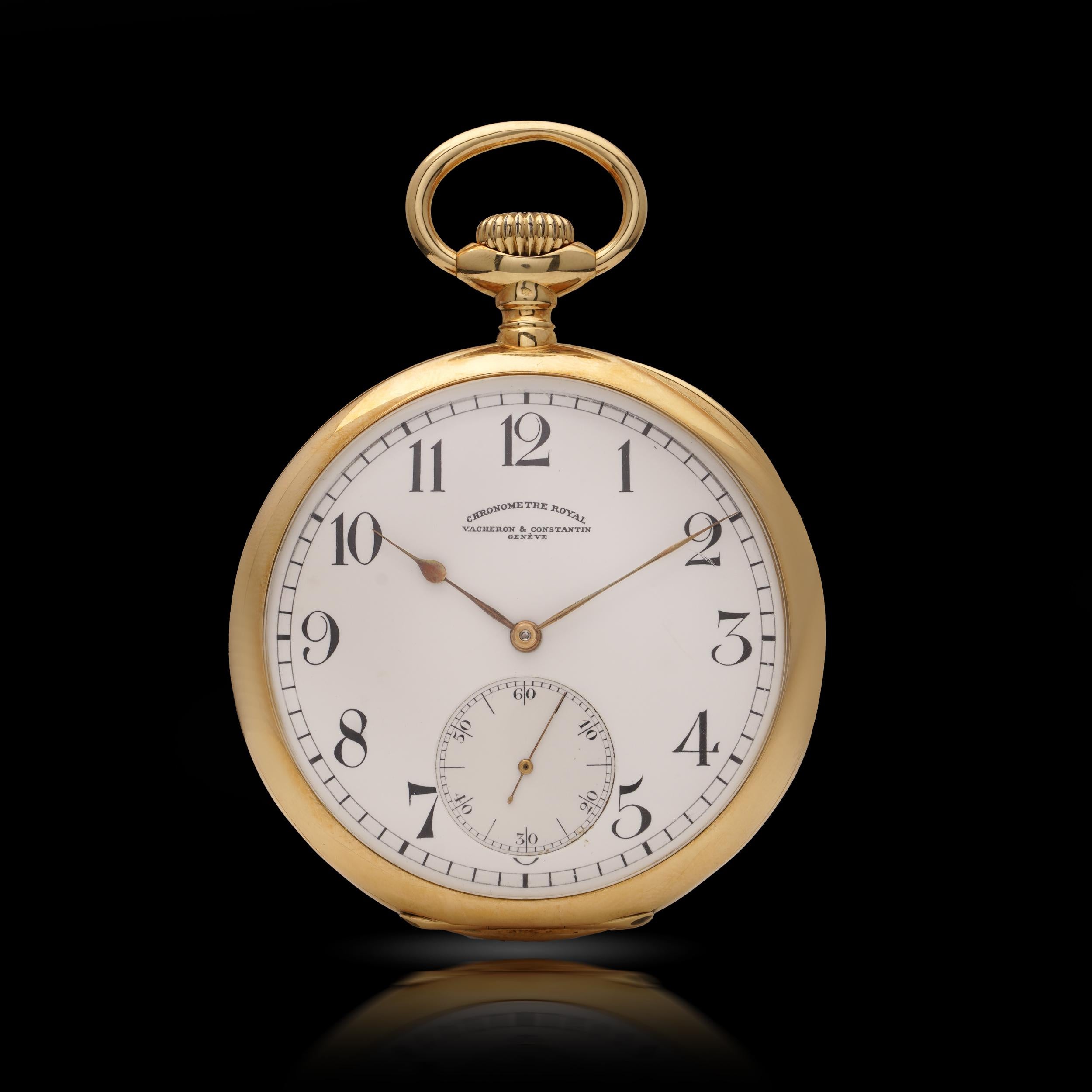 Vacheron & Constantin Chronomètre Royal 18kt Gold Pocket Watch – 55mm

An exceptional example of early haute horlogerie, this antique Vacheron & Constantin Chronomètre Royal pocket watch embodies precision, prestige, and timeless design. Crafted in