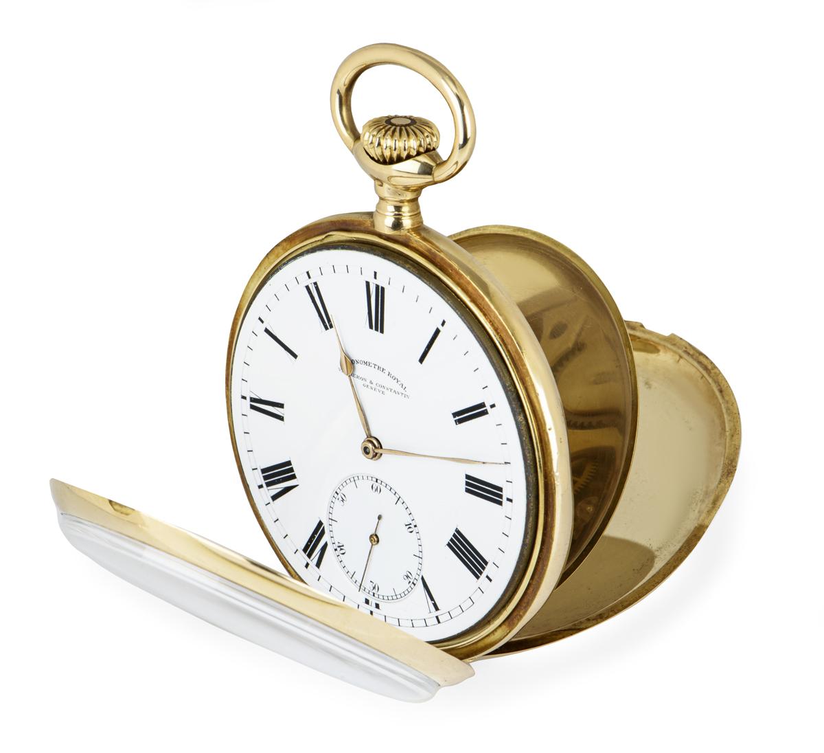 A rare 57 mm antique Chronometre Royal open face pocket watch, in yellow gold by Vacheron Constantin. First registered in Switzerland in 1907, the Chronometre Royal was made to compete with Patek Philippe.

The white enamel dial features Roman
