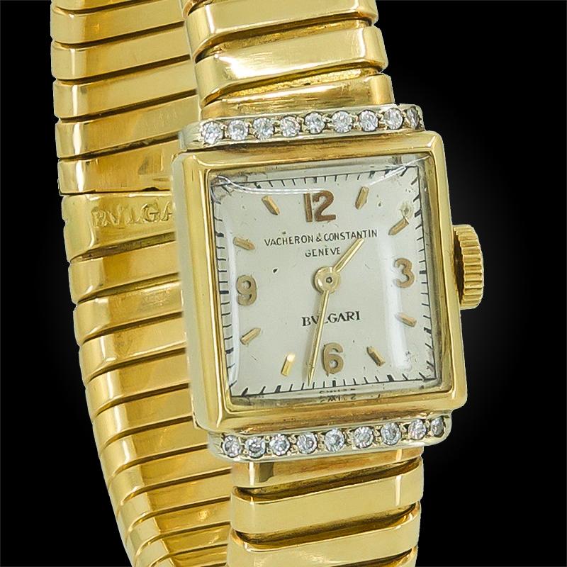 An exceptional and rare piece in collaboration with two renowned jewelry houses, Vacheron Constantin and Bulgari, comprising a remarkable 18k yellow gold wristwatch from the 1960s,  featuring double signatures on the dial, Bvlgari and VC, surrounded