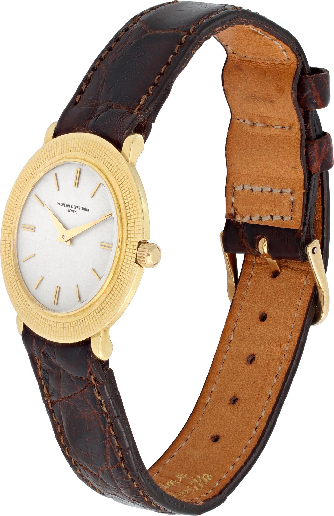 Vacheron Constantin unusual and rare Disco Volante thin 18k yellow gold on a brown alligator strap. Screw back case, with a hobnail bezel. Manual. 30mm case size. Ref 6395. Circa 1980s. Fine Pre-owned Vacheron Constantin Watch.

 Certified preowned