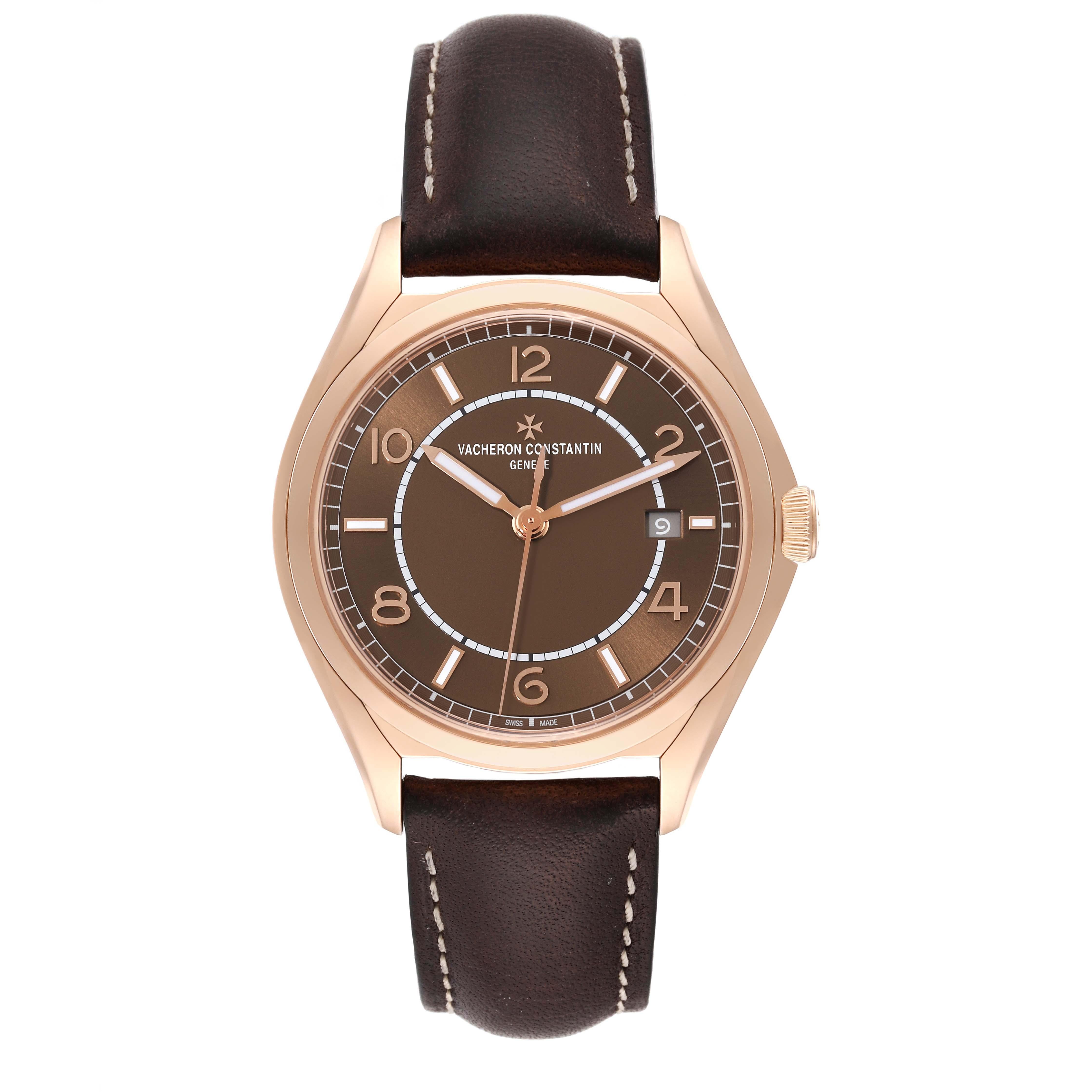 Vacheron Constantin Fifty Six Brown Dial Rose Gold Mens Watch 4600E Box Card. Automatic self-winding movement. 18k rose gold case 40 mm in diameter.  Thickness 9.6 mm. Transparent exhibition sapphire crystal caseback. 18k rose gold smooth bezel.