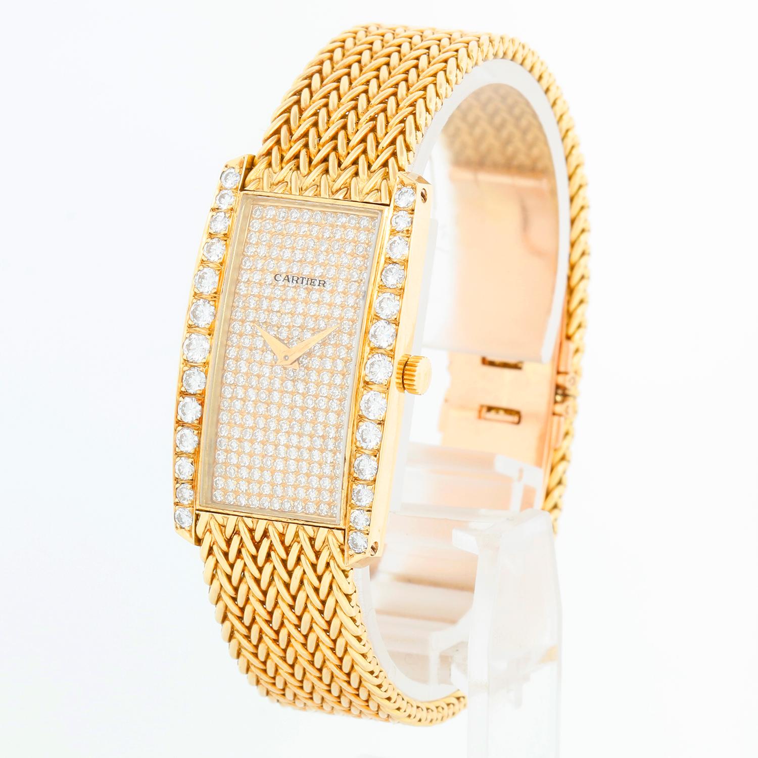 Vacheron Constantin for Cartier Paris 18K Yellow Gold and Diamond Ladies Watch - Manual winding; Vacheron Constantin movement. Vacheron Constantin case; 18k yellow gold case with one row of diamonds on the side  (22mm x 30mm). Pave diamond dial.