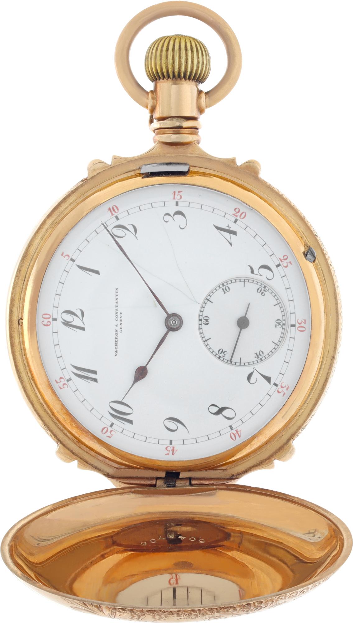 Vacheron Constantin Full Hunter Pocket Watch in 14k yellow gold. Contract USA heavy box hinge 16 size hunting case with flower design. Manual 21 jewel movement. 54 mm case size. Ref 5042735. Circa 1910. Fine Pre-owned Vacheron Constantin Watch.

