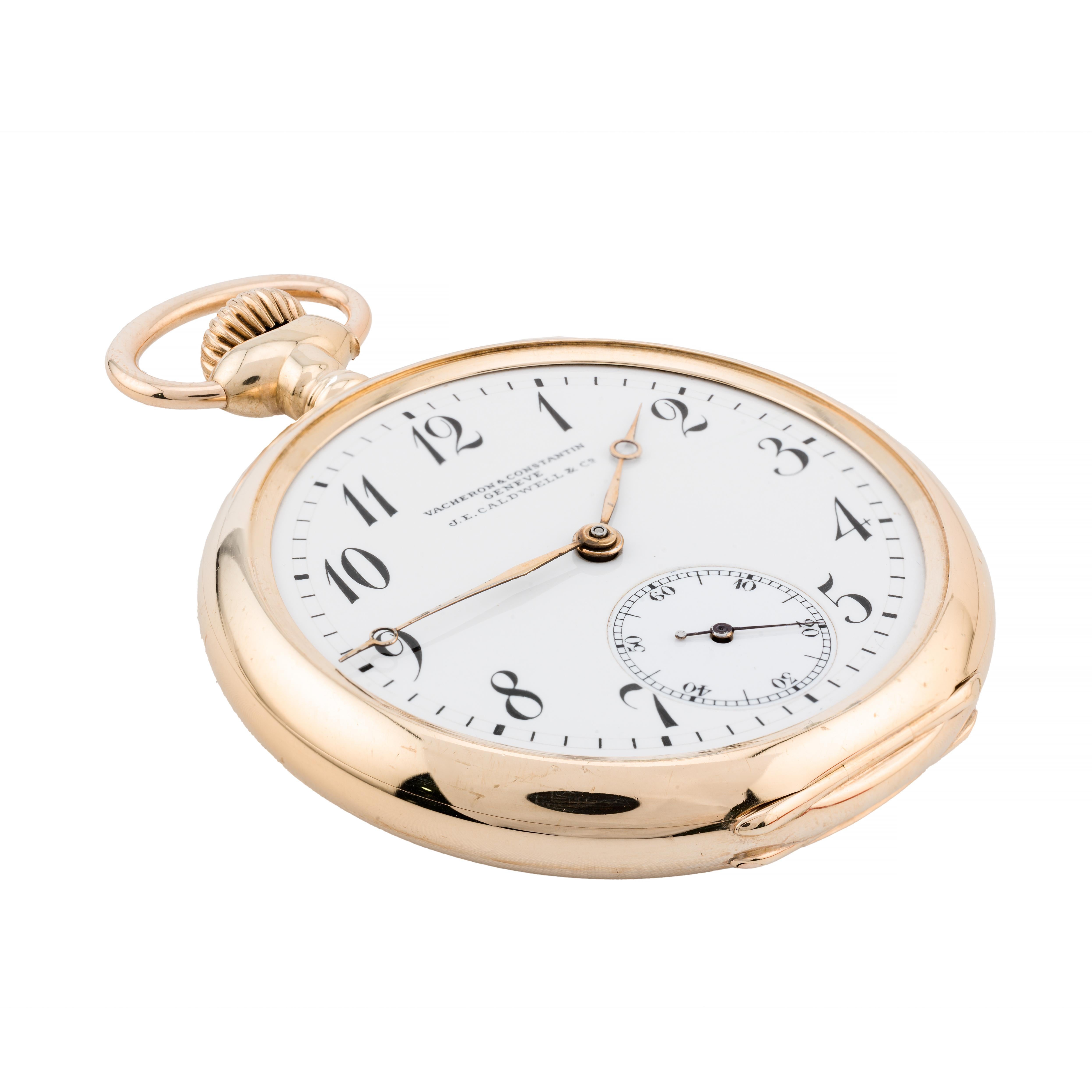 Aston Estate Jewelry Presents:

A distinguished Vacheron & Constantin pocket watch crafted in 14k gold.

The round watch features a pristine white dial with elegant black numerals and the Vacheron & Constantin signature, highlighting its Swiss