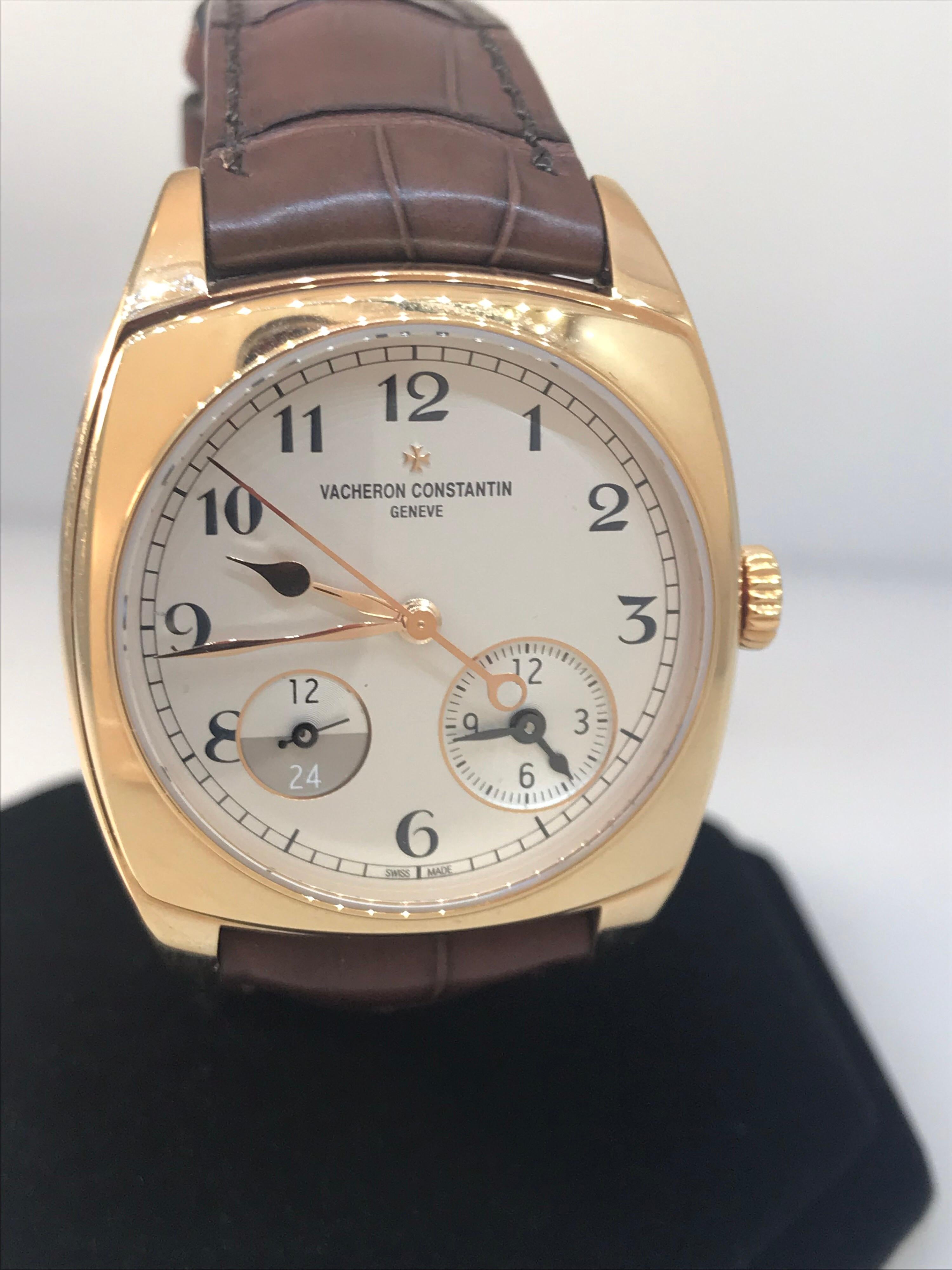 Vacheron Constantin Harmony Dual Time Men's Watch

Model Number: 7810s/000R-B141

100% Authentic

Brand new

Comes with original Vacheron Constantin Box and Papers

18 Karat Rose Gold Case & Buckle

Silver Dial

Case Size: 40mm x 49.30mm  

Caliver