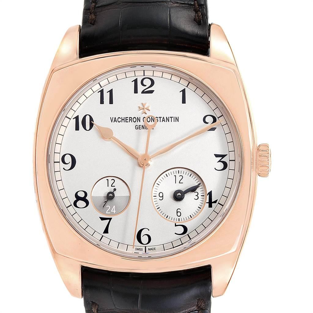 Vacheron Constantin Harmony Dual Time Rose Gold Mens Watch 7810S. Automatic self-winding movement. 18K rose gold cushion case 40 x 40 mm. Case thickness 11.43 mm. Exhibiton transparent sapphire crystal case back. 18K rose gold bezel. Scratch
