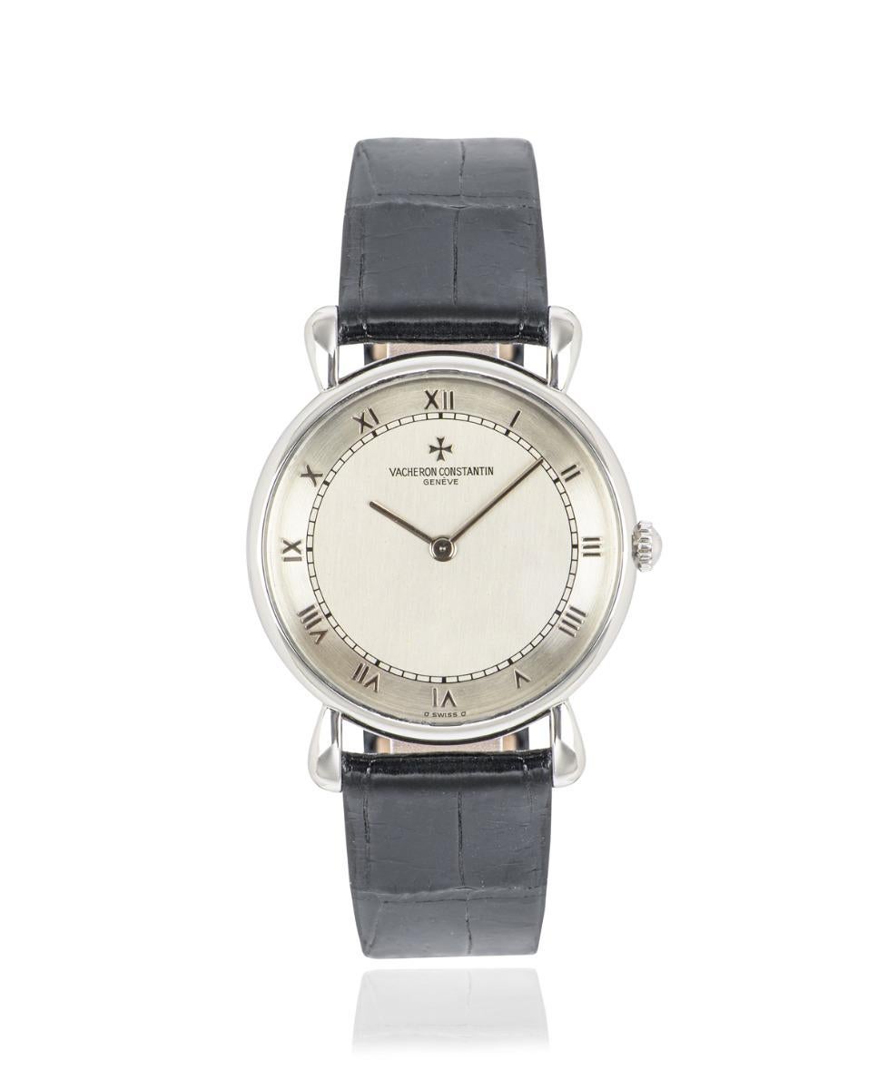 A stunning yet simple 31mm Historique wristwatch by Vacheron Constantin. Features a silver dial with applied roman numerals and a platinum bezel.

Fitted with scratch resistant sapphire crystal and a calibre of 1003/2 manual wind movement. This