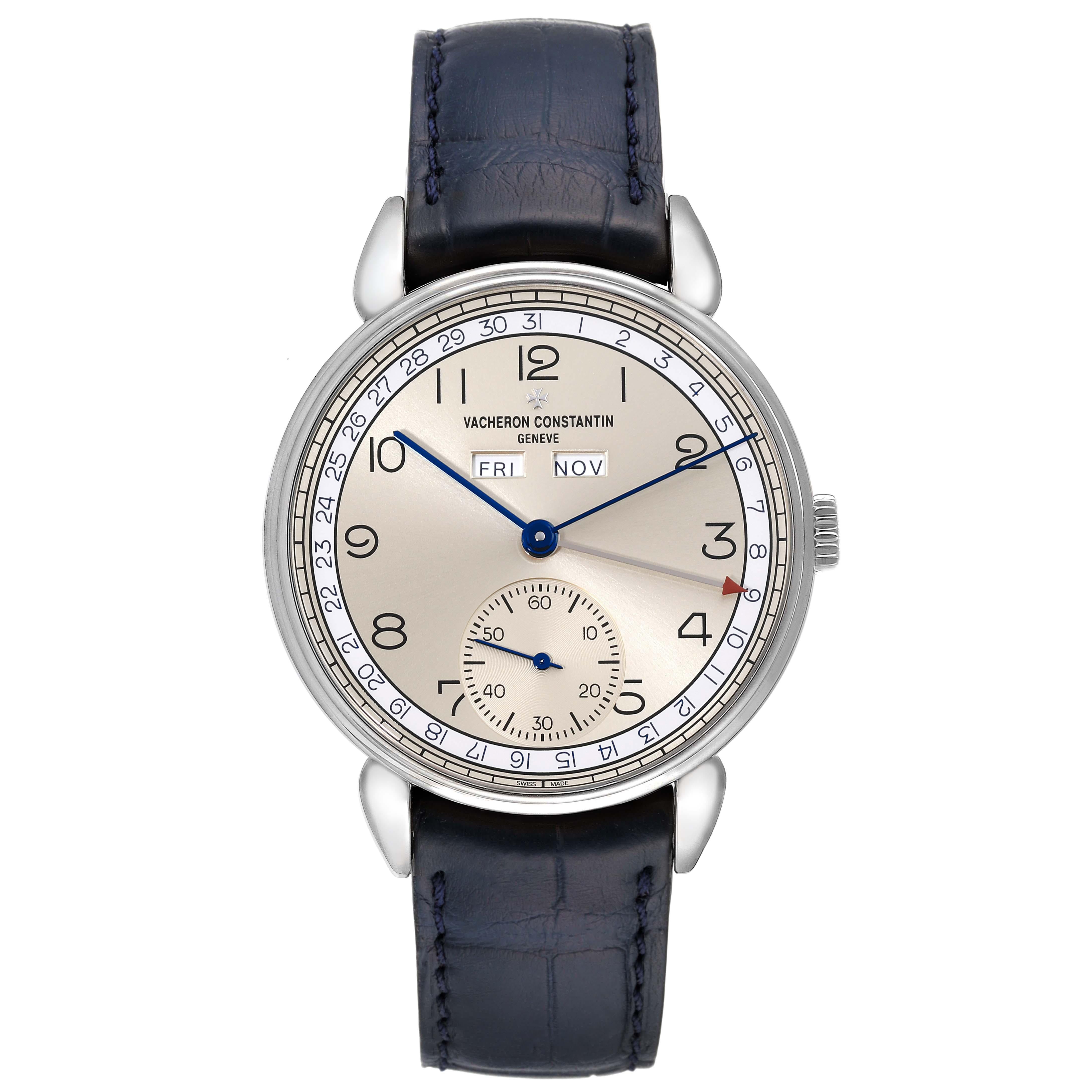 Vacheron Constantin Historique Triple Calendrier 1942 Mens Watch 3110V Box Card. Manual winding movement. Stainless steel case 40 mm in diameter.  Thickness 10.5 mm. Exhibition transparent sapphire crystal caseback. Stainless steel smooth bezel.