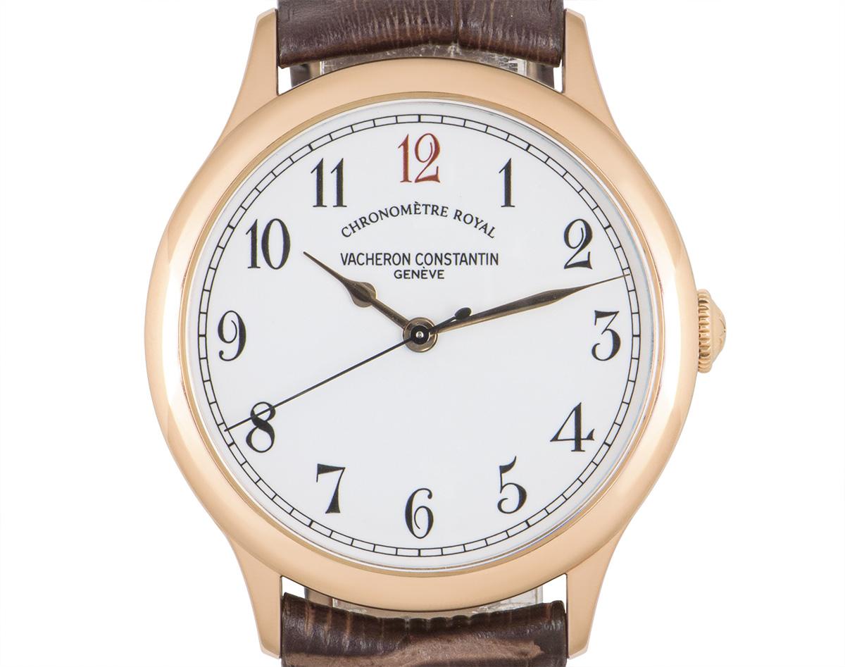 This 39 mm rose gold Chronometre Royal 1907 by Vacheron Constantin was produced in 2007, as part of the Historiques collection - commemorating the 100th anniversary of the brand's first observatory pocket watch. Featuring a simple but classic white