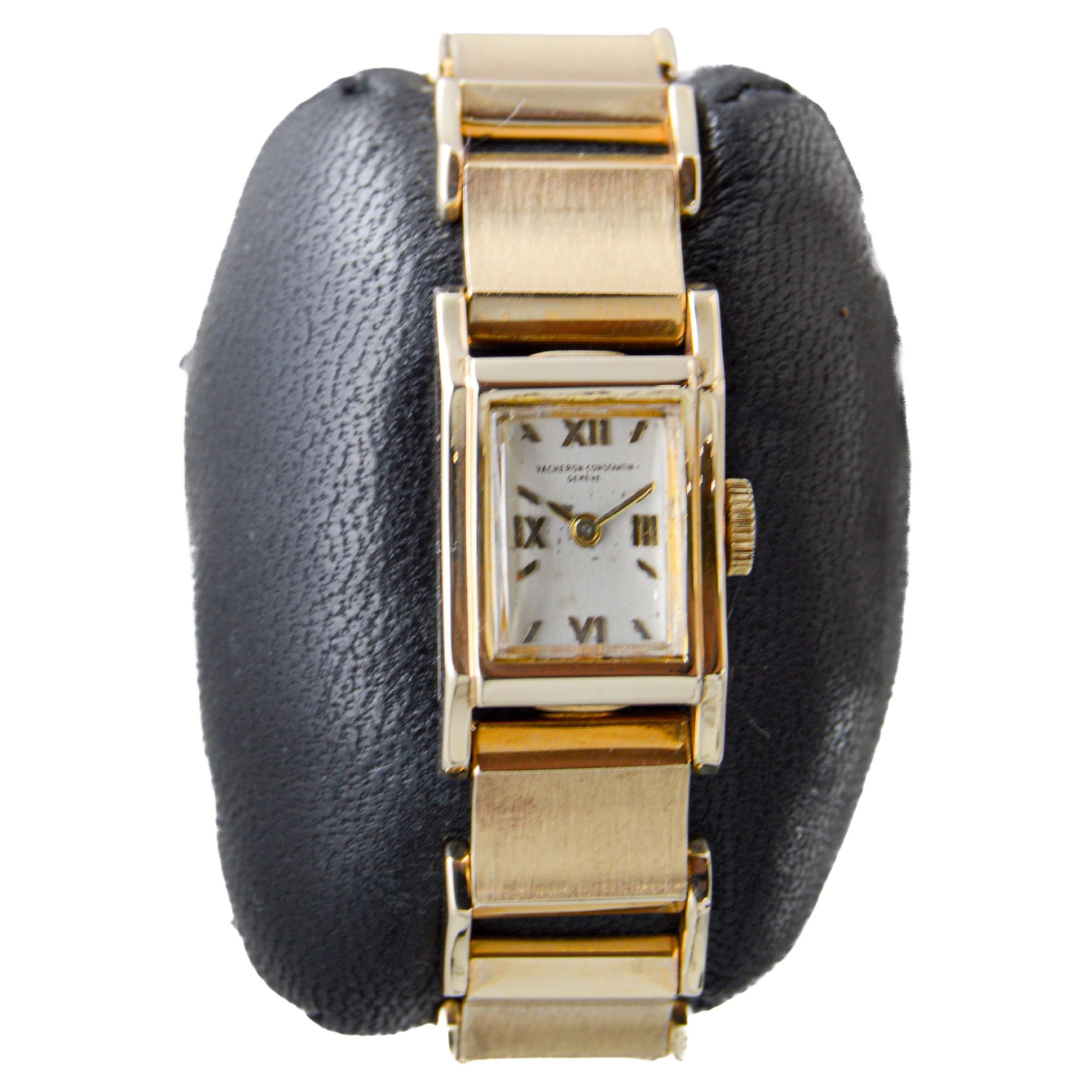FACTORY / HOUSE: Vacheron & Constantin Watch Company
STYLE / REFERENCE: Art Deco Bracelet Style 
METAL / MATERIAL: 14Kt. Solid Gold 
DIMENSIONS: Length 25mm  X Width 14mm
CIRCA: 1940's
MOVEMENT / CALIBER: Manual Winding / 17 Jewels
DIAL / HANDS: