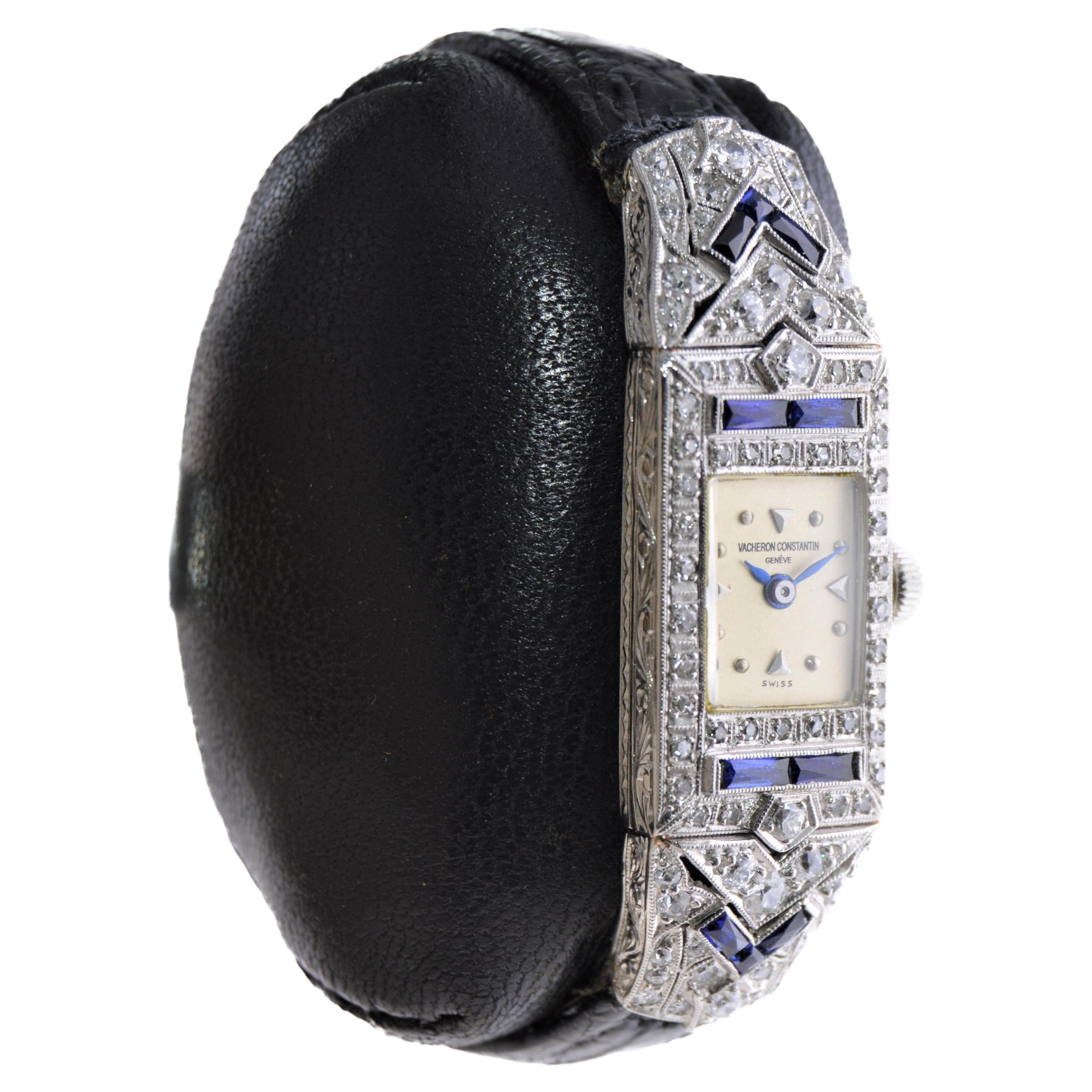 Vacheron Constantin Damen Platin Diamant Saphir Uhr aus den 1920er Jahren (Gemischter Schliff)