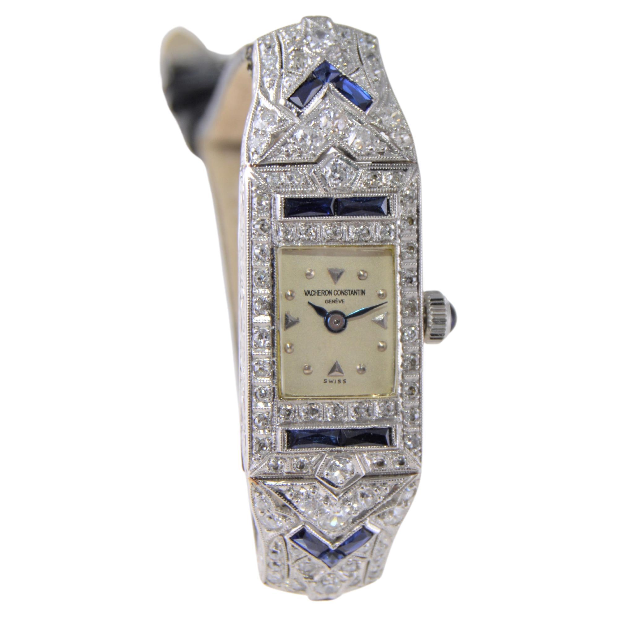 Vacheron Constantin Ladies Platinum Diamond Sapphire Watch from 1930's For Sale 4