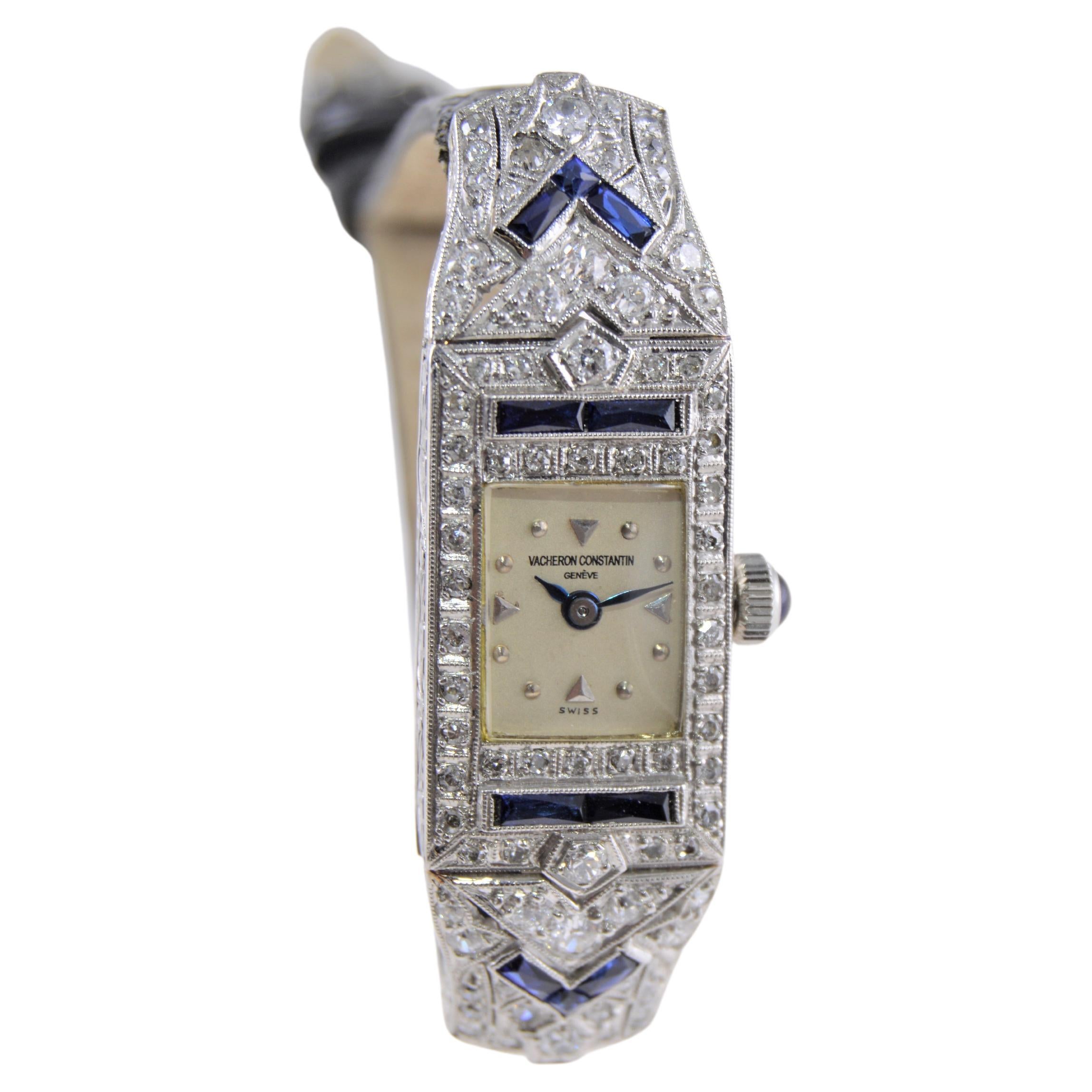 Vacheron Constantin Ladies Platinum Diamond Sapphire Watch from 1930's For Sale 5