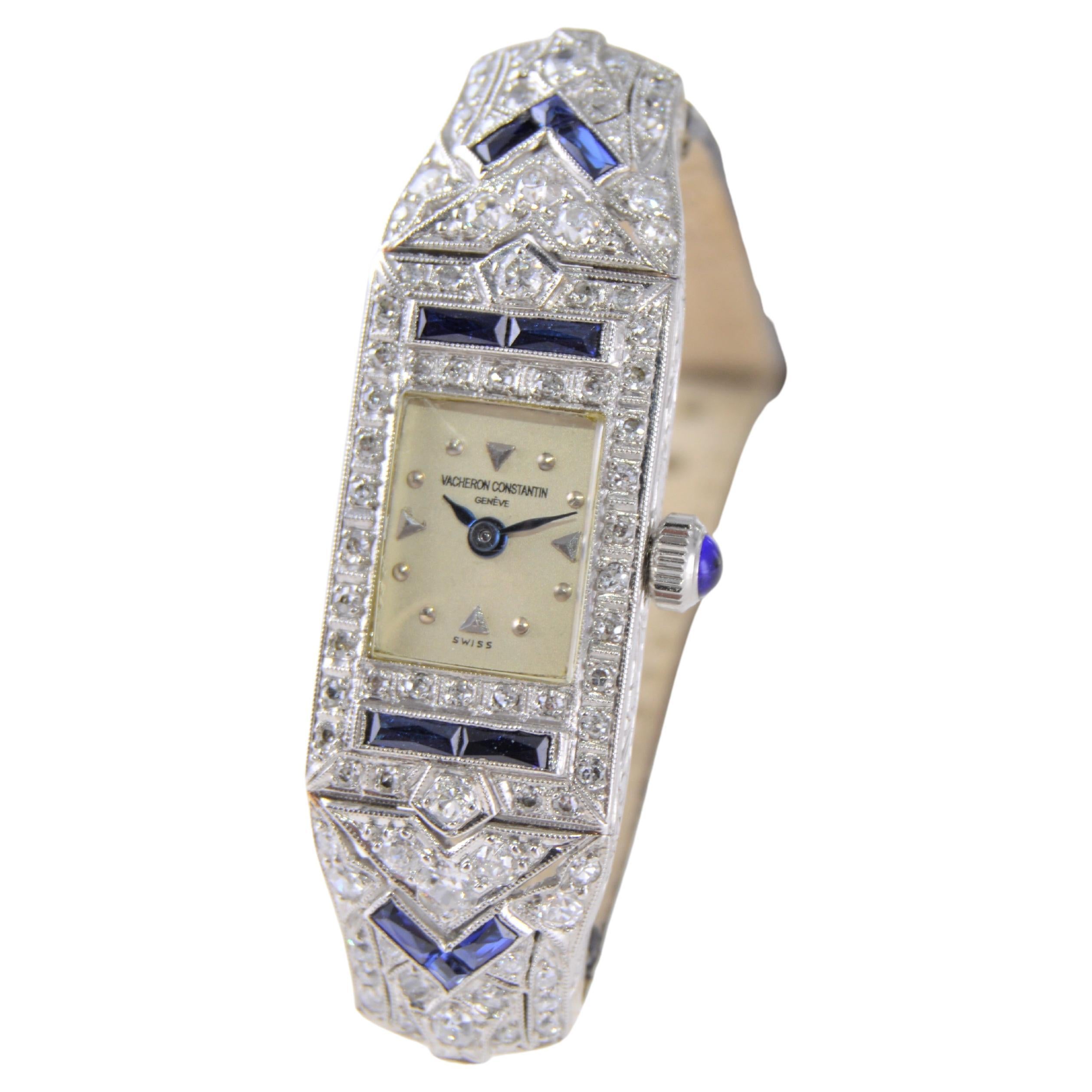 Vacheron Constantin Ladies Platinum Diamond Sapphire Watch from 1930's For Sale 6