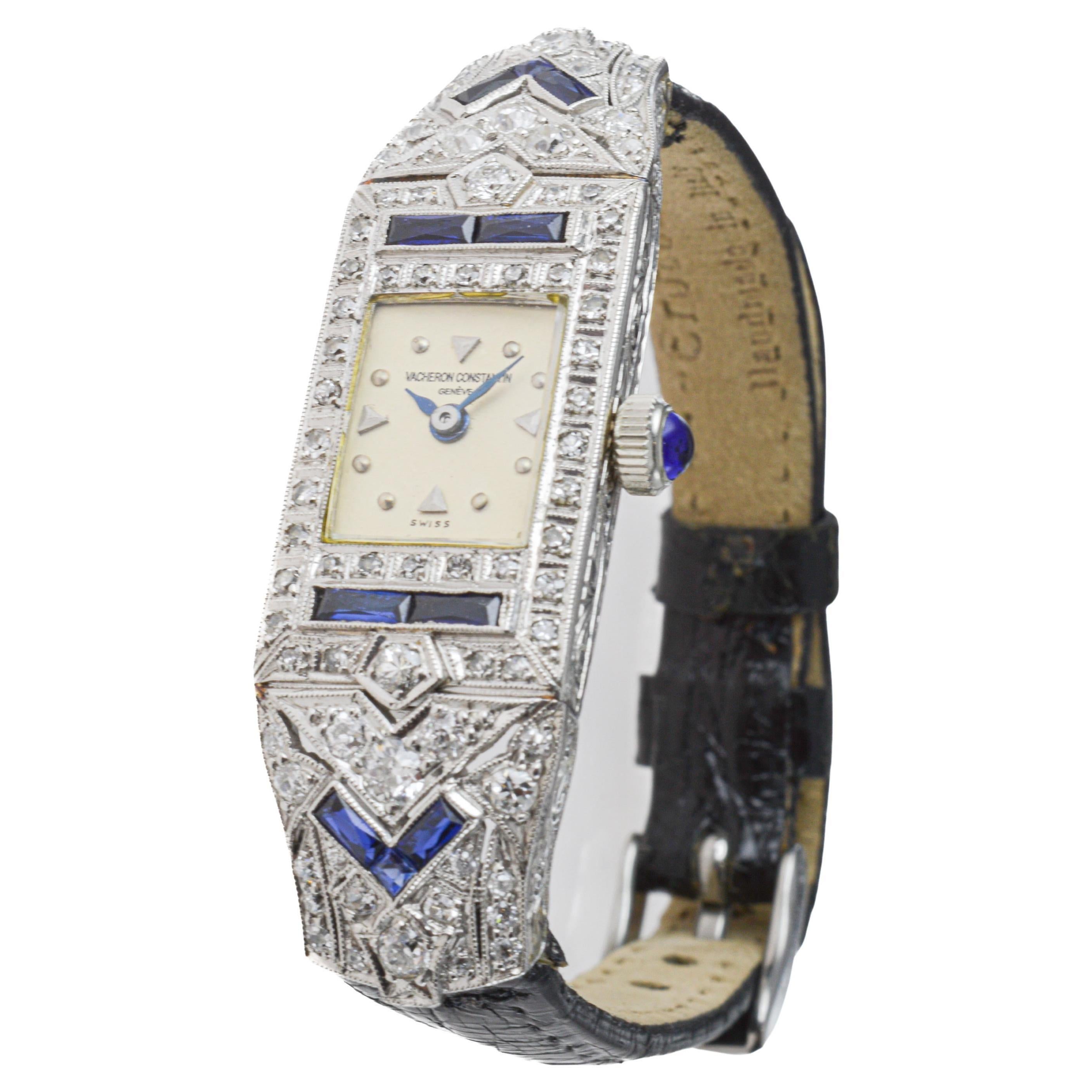 Vacheron Constantin Ladies Platinum Diamond Sapphire Watch from 1930's For Sale 7