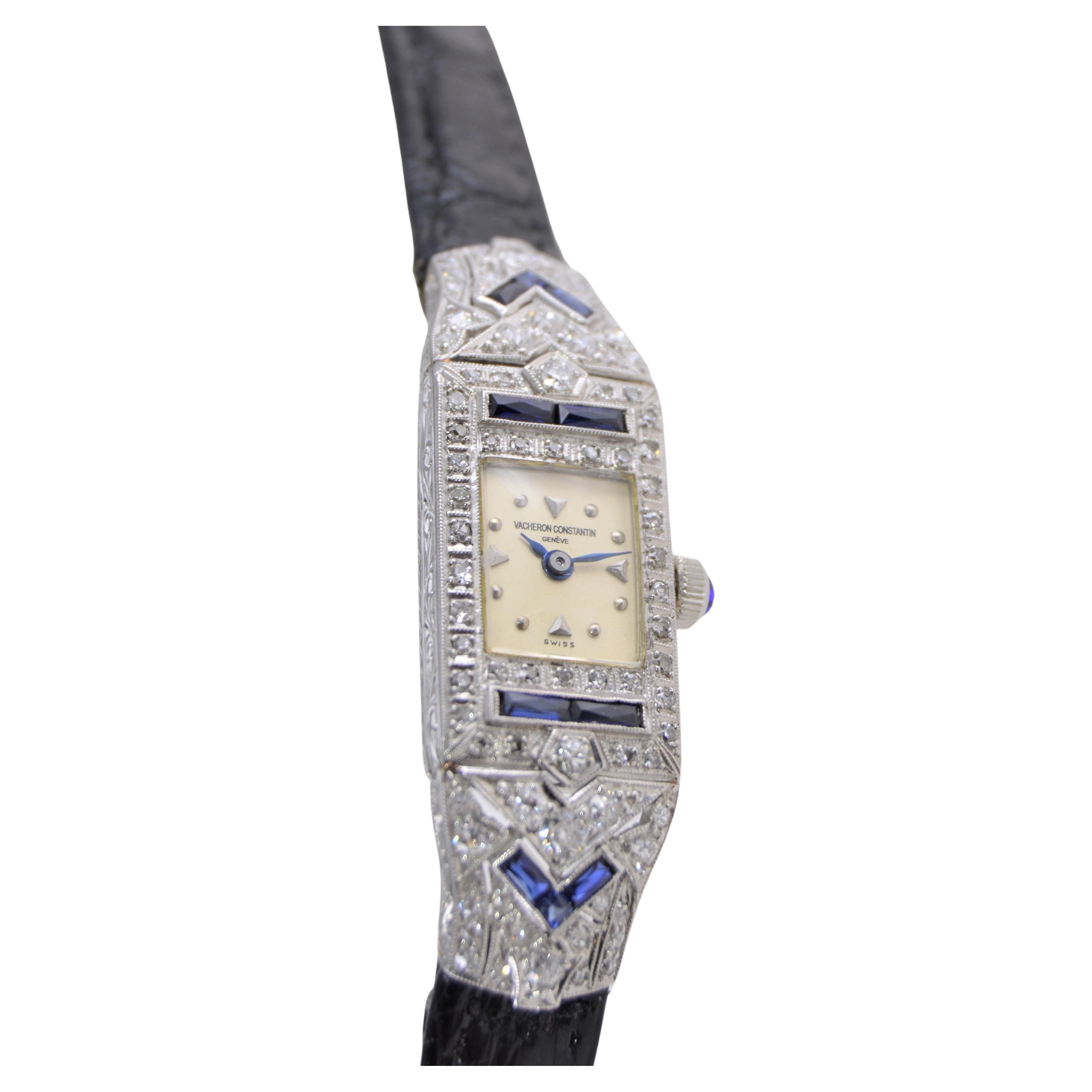 Vacheron Constantin Ladies Platinum Diamond Sapphire Watch from 1930's For Sale 8
