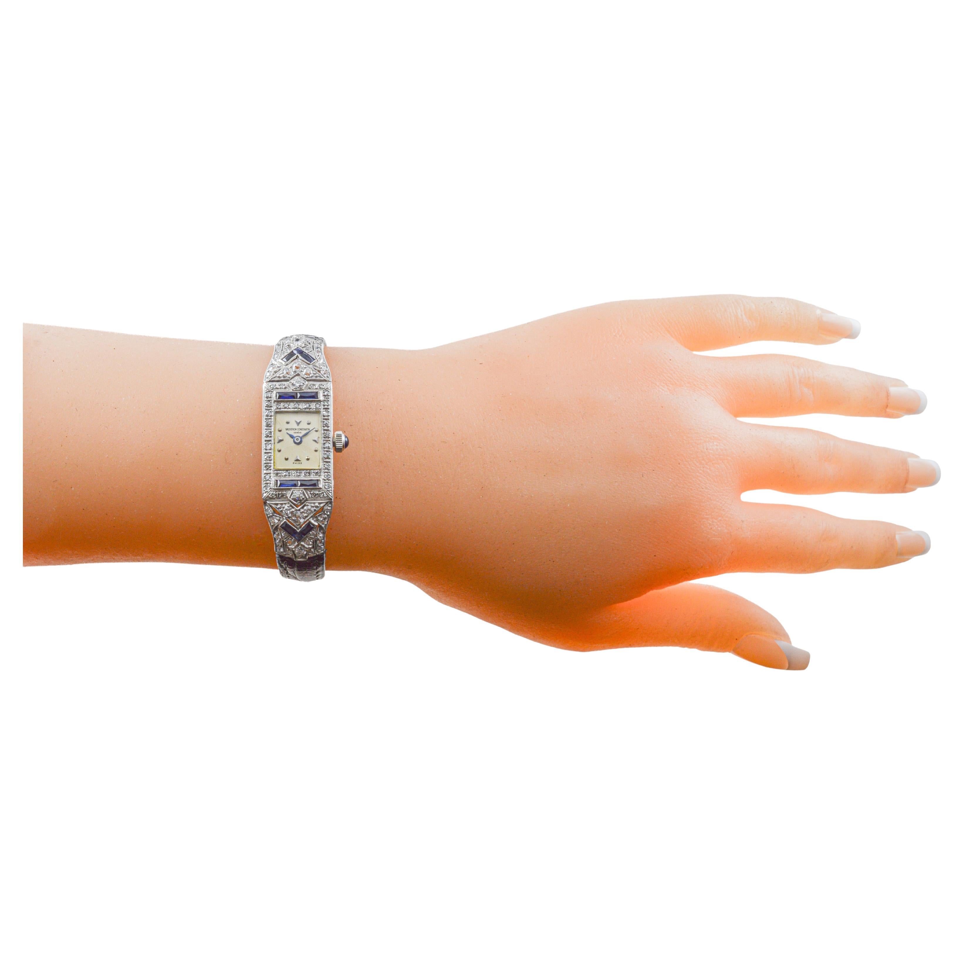 FACTORY / HOUSE: Vacheron Constantin
STYLE / REFERENCE: Art Deco / Dress Style 
METAL / MATERIAL: Platinum / Diamonds / Sapphire
DIMENSIONS: Length 50mm X Width 14mm
CIRCA: 1930's / 1930's
MOVEMENT / CALIBER: Manual Winding / 18 Jewels / Blued Steel