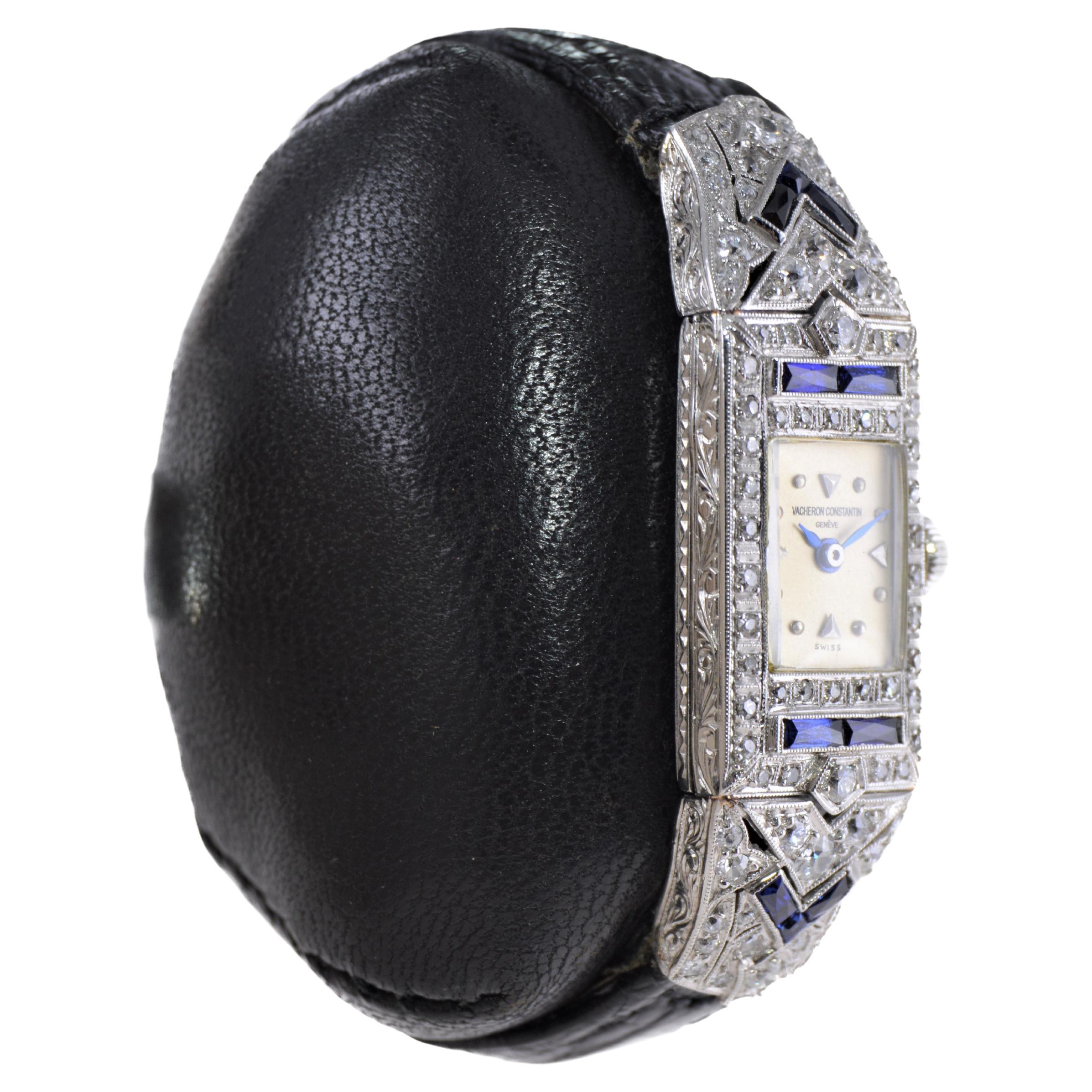 Mixed Cut Vacheron Constantin Ladies Platinum Diamond Sapphire Watch from 1930's For Sale