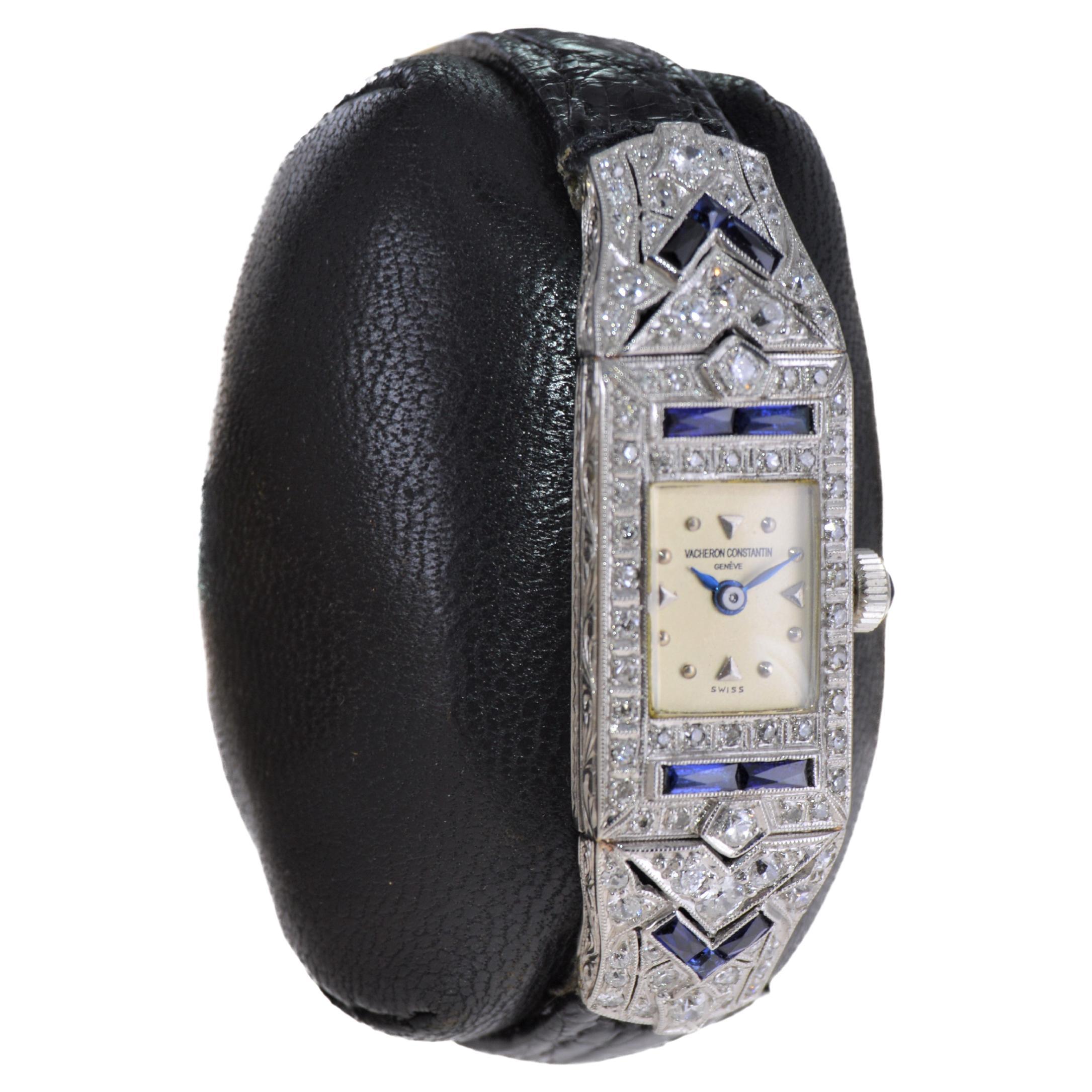 Vacheron Constantin Ladies Platinum Diamond Sapphire Watch from 1930's In Excellent Condition For Sale In Long Beach, CA