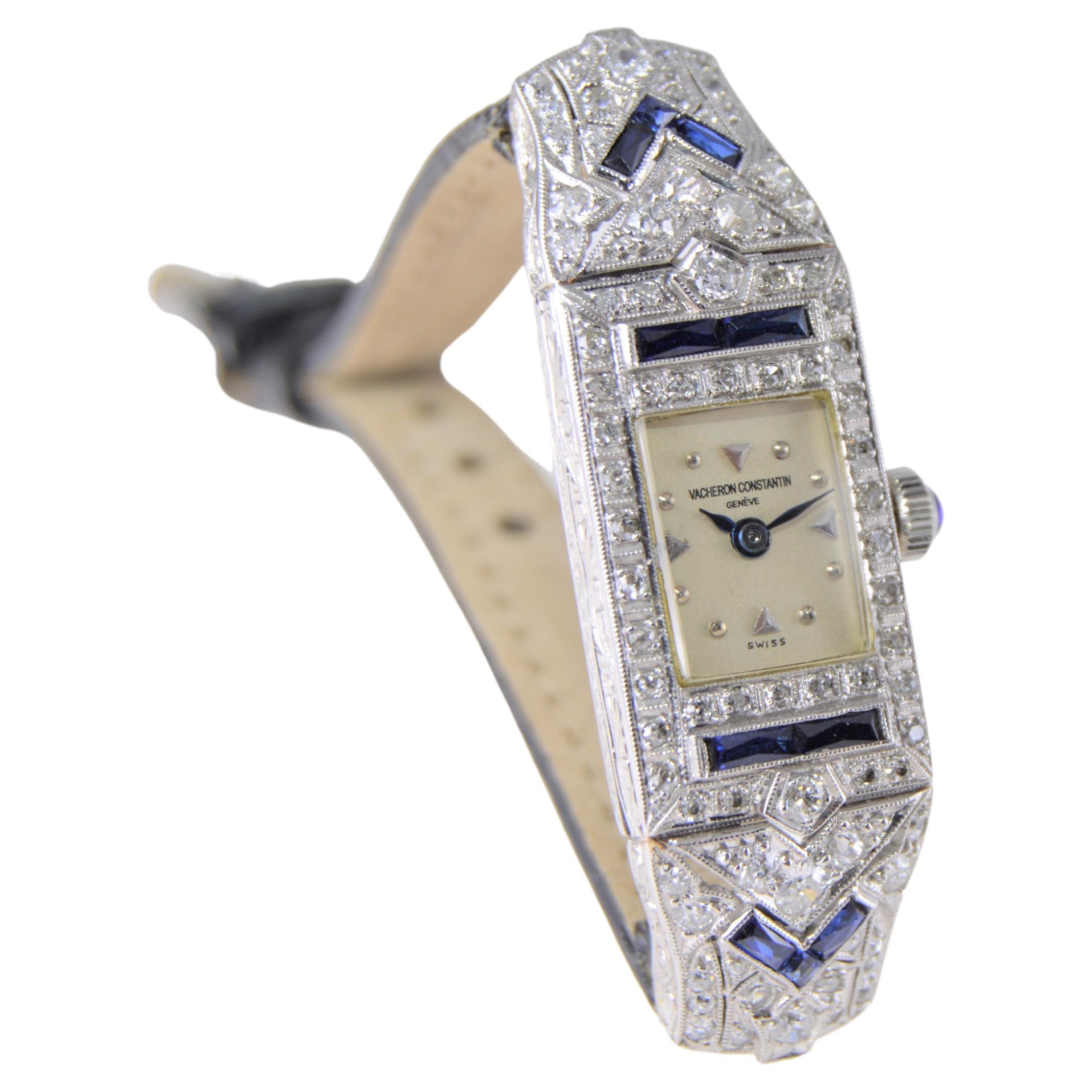 Vacheron Constantin Ladies Platinum Diamond Sapphire Watch from 1930's For Sale 3