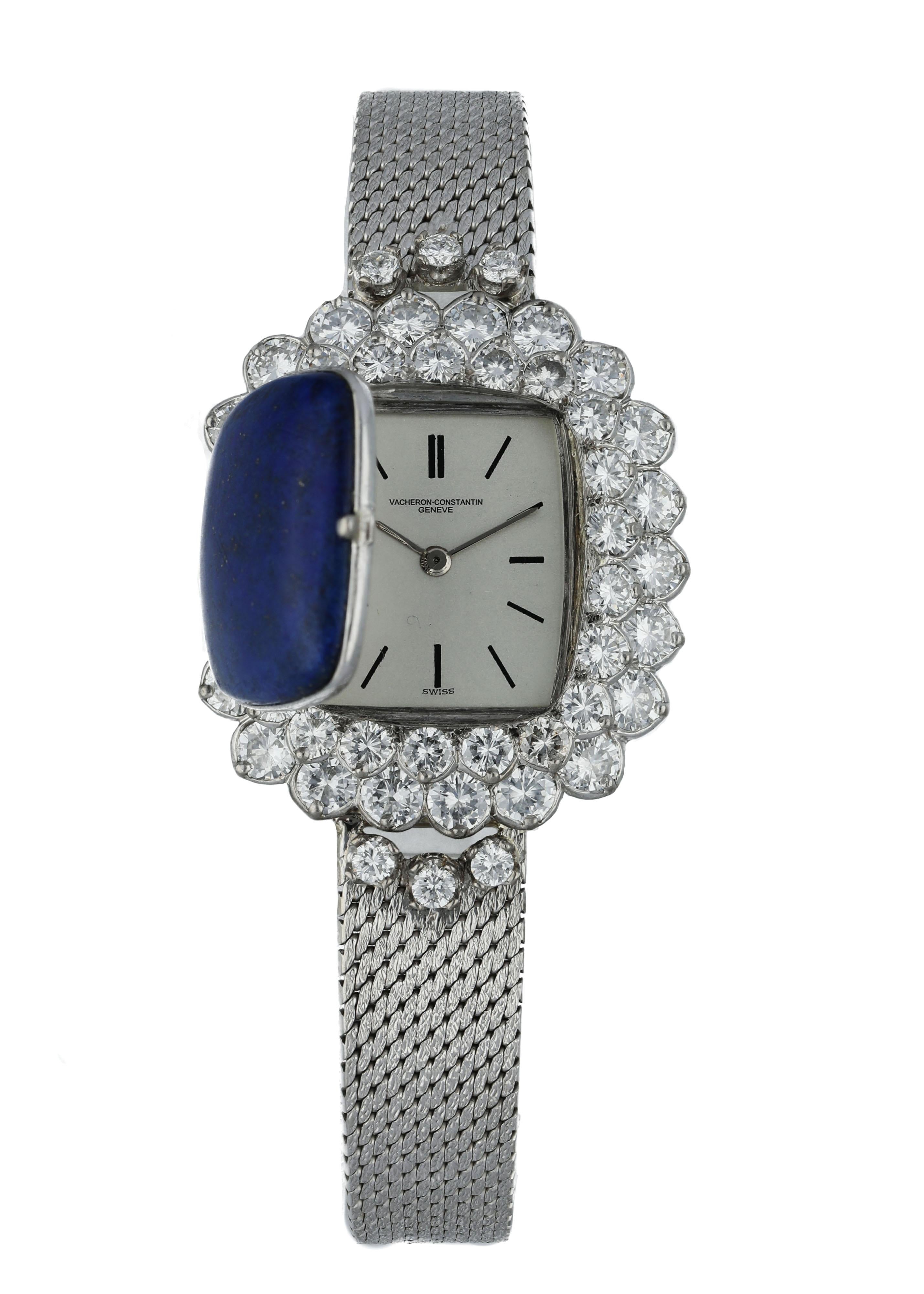 Vacheron Constantin Ladies Watch. 
25mm 18K White Gold case. 
Factory set diamond bezel. 
White dial with Steel hands with index hour markers. 
White Gold Bracelet with Jewelry Clasp. 
Will fit up to a 6.25-inch wrist. 
Sapphire Crystal, white gold
