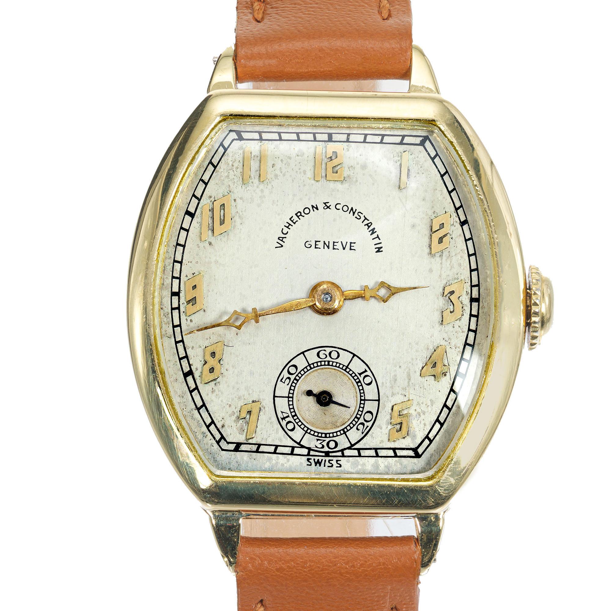 Ladies, original Vacheron Model 250895 movement serial #400600 produced in 1929 in Switzerland. 18k yellow gold bezel.. New French tan leather band. Recently serviced.  Toneau shape case. 

Length: 34mm
Width: 25mm
Band width at case: 11mm
Case
