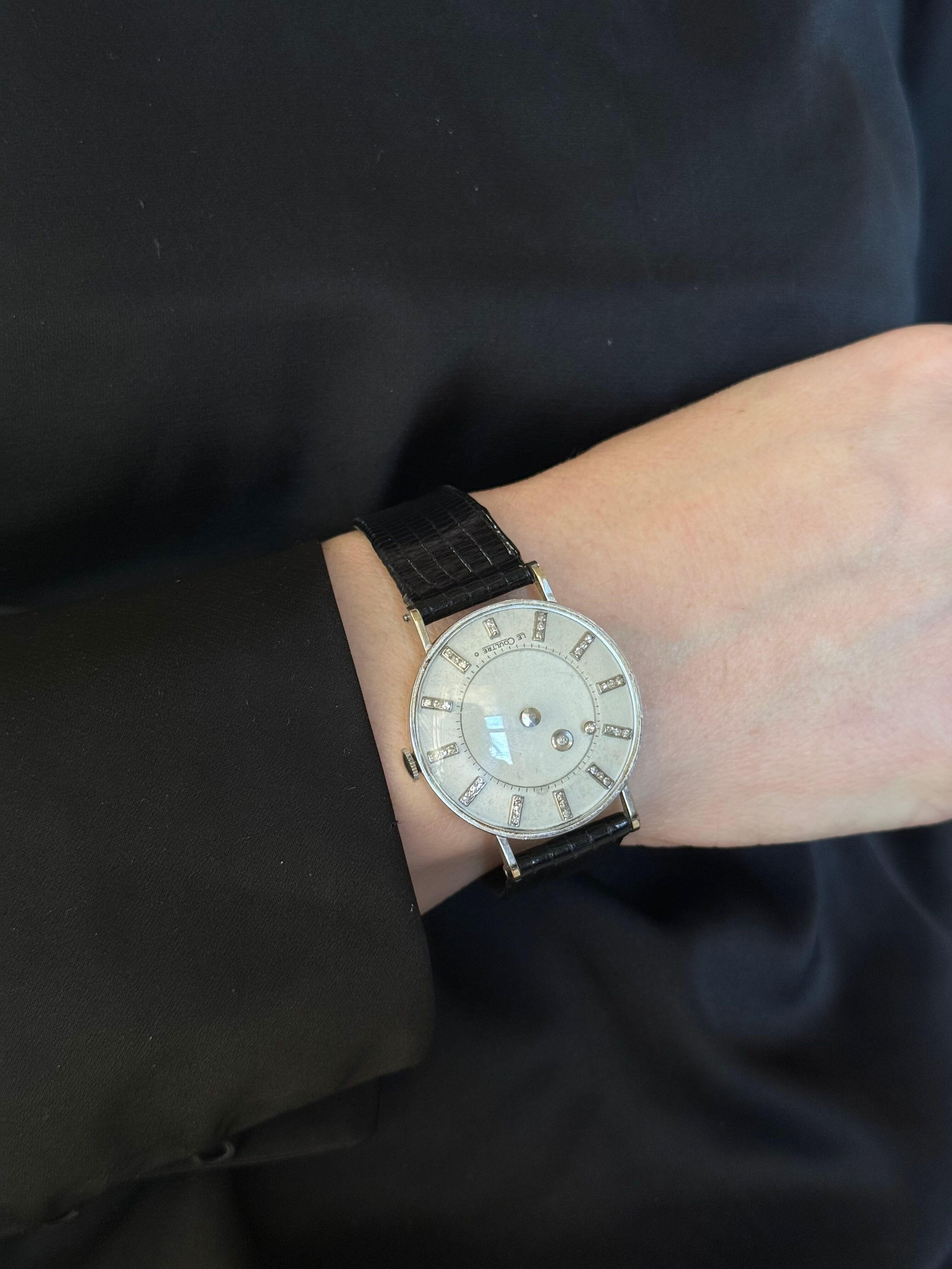 Vintage 14k white gold mystery dial watch by Vacheron Constantin and LeCoultre. 
Case measures 34mm, Bracelet and buckle are not original - 8.5