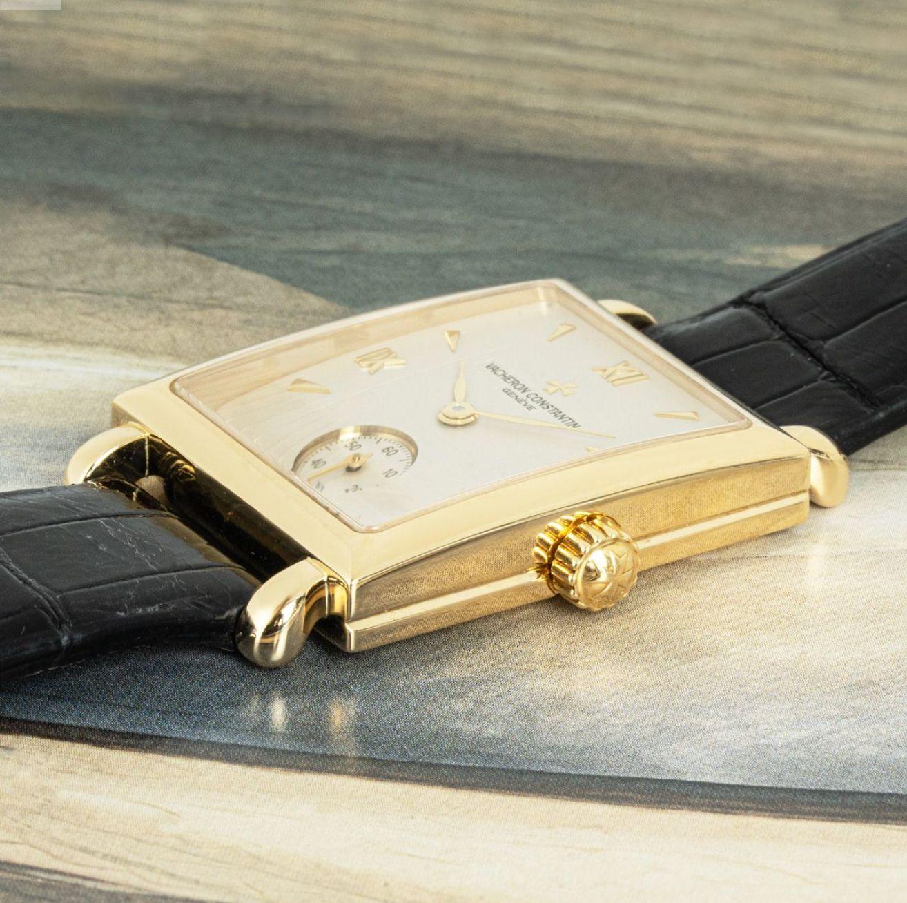 A yellow gold Les Historique wristwatch by Vacheron Constantin. Featuring a silver dial with applied roman numerals, a small seconds sub-dial and a yellow gold bezel. Fitted with a sapphire glass, a manual winding movement and a black generic