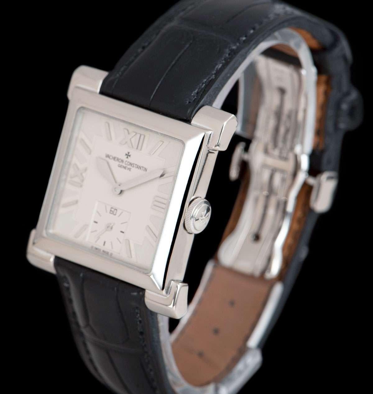 A Limited Edition 18k White Gold Carree Historique Gents Wristwatch  91030/000G-8919, silver dial with applied hour markers and applied roman numerals III, IX & XII, a fixed 18k white gold bezel, a black leather strap (not by Vacheron Constantin)