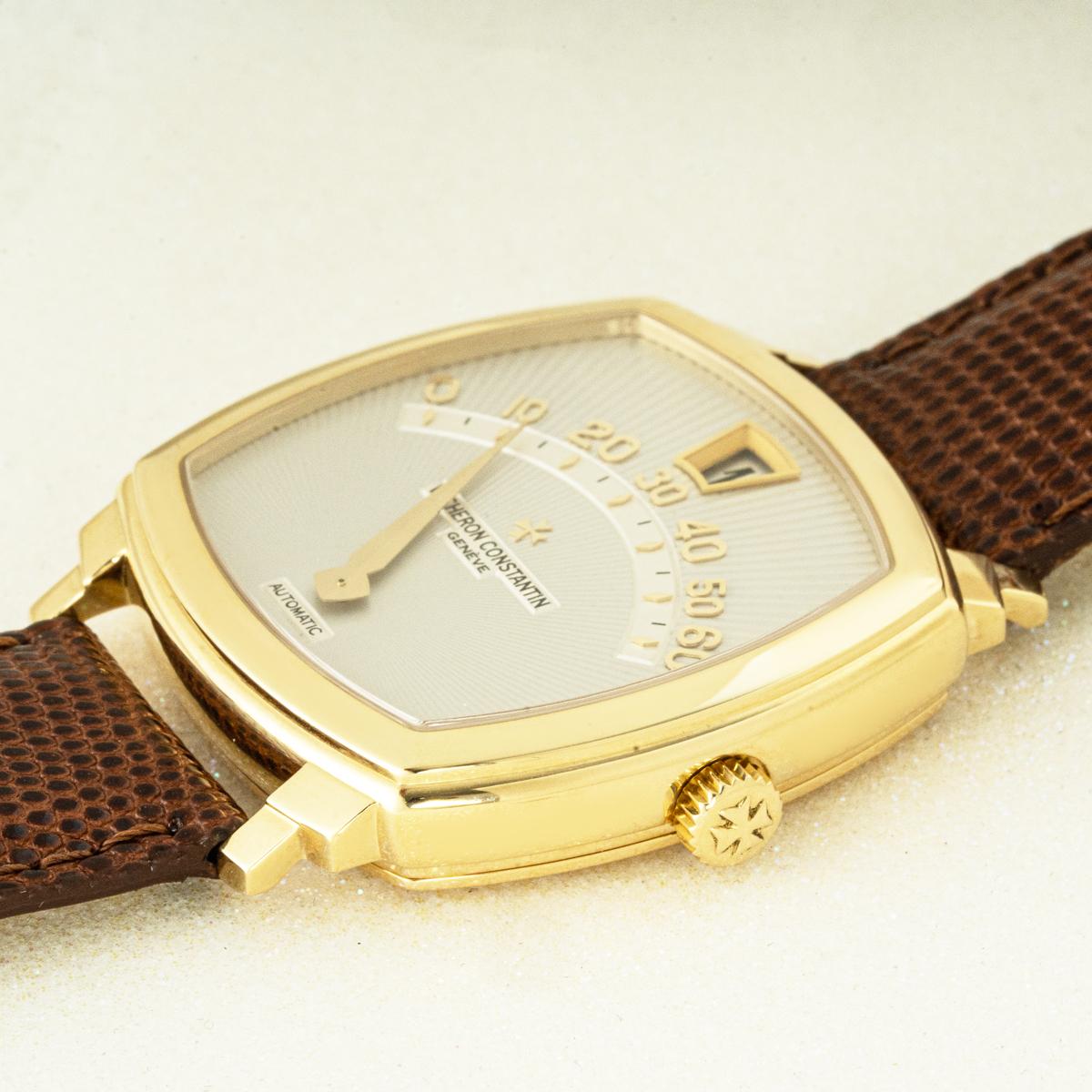 A rare limited edition 18k yellow gold Saltarello Retrograde wristwatch by Vacheron Constantin, reference 43041/000J-8673.

Limited to only 100 pieces worldwide, the watch features a radiant silvered guilloché dial with a fan-form sector for